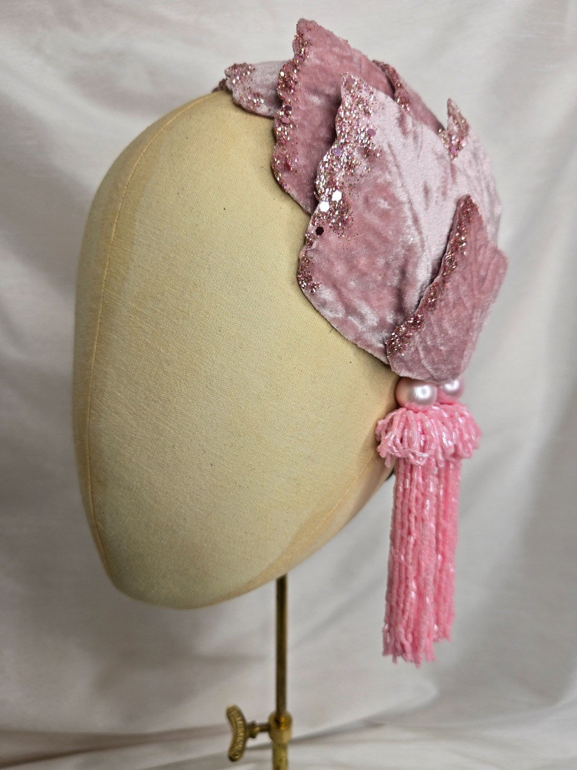Pale pink velvet petal half hat fascinator with beaded tassels