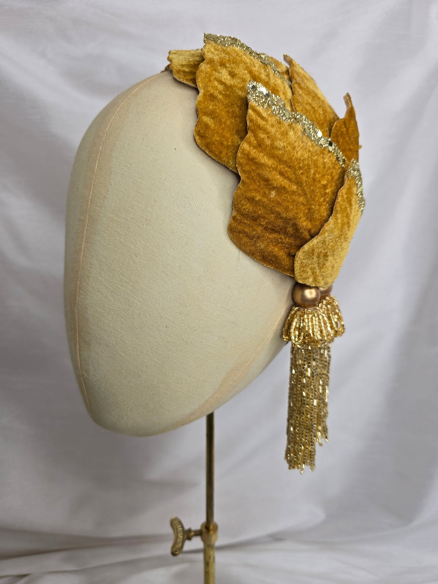 Golden yellow velvet glittered half hat/fascinator with gold beaded tassels (made to order)