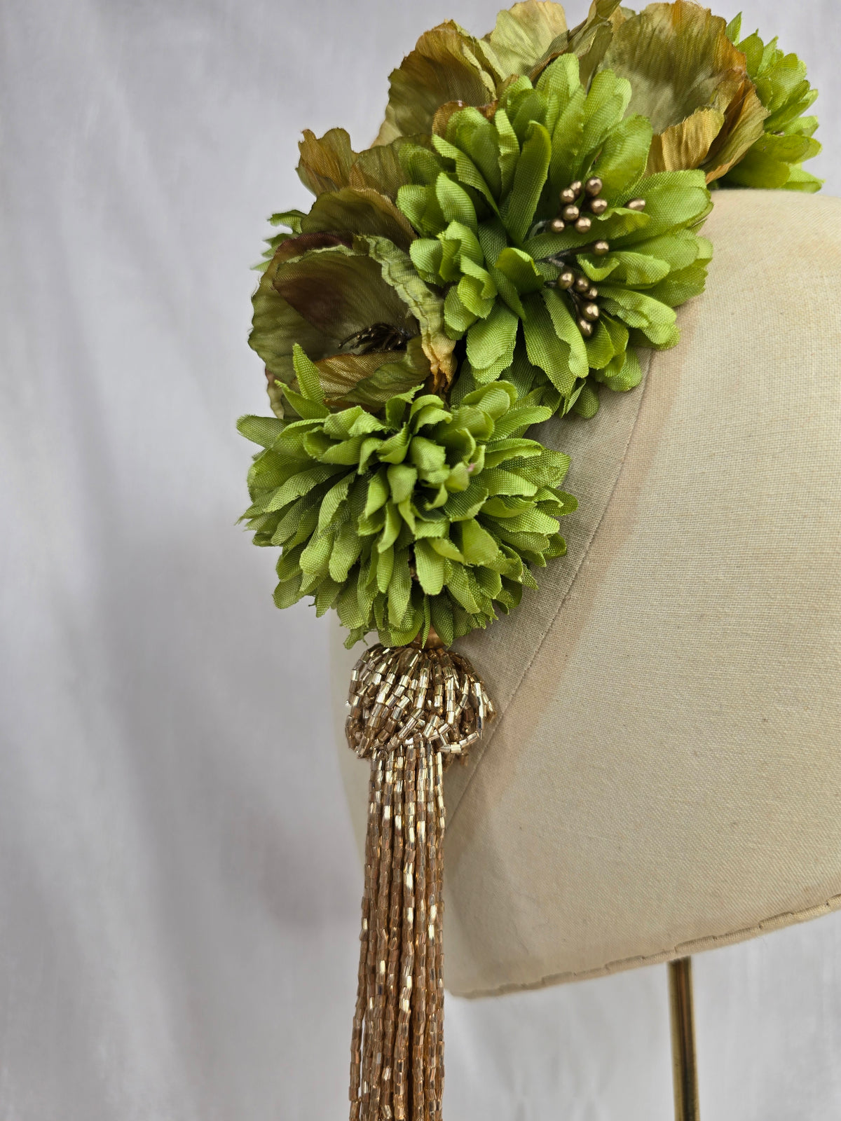 L chartreuse, lime green and gold autumn flower headpiece with beaded tassel