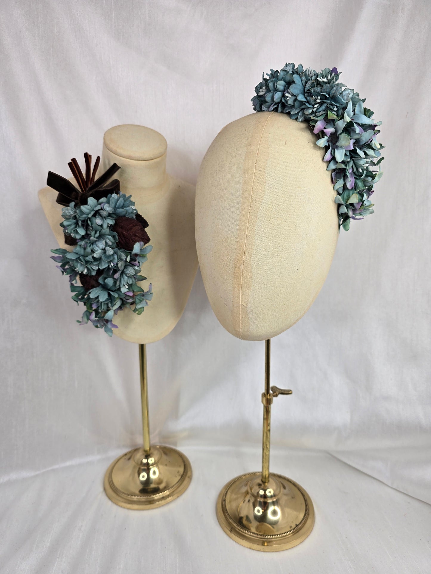 Brown check and blue stretch velvet turban with blue flowers