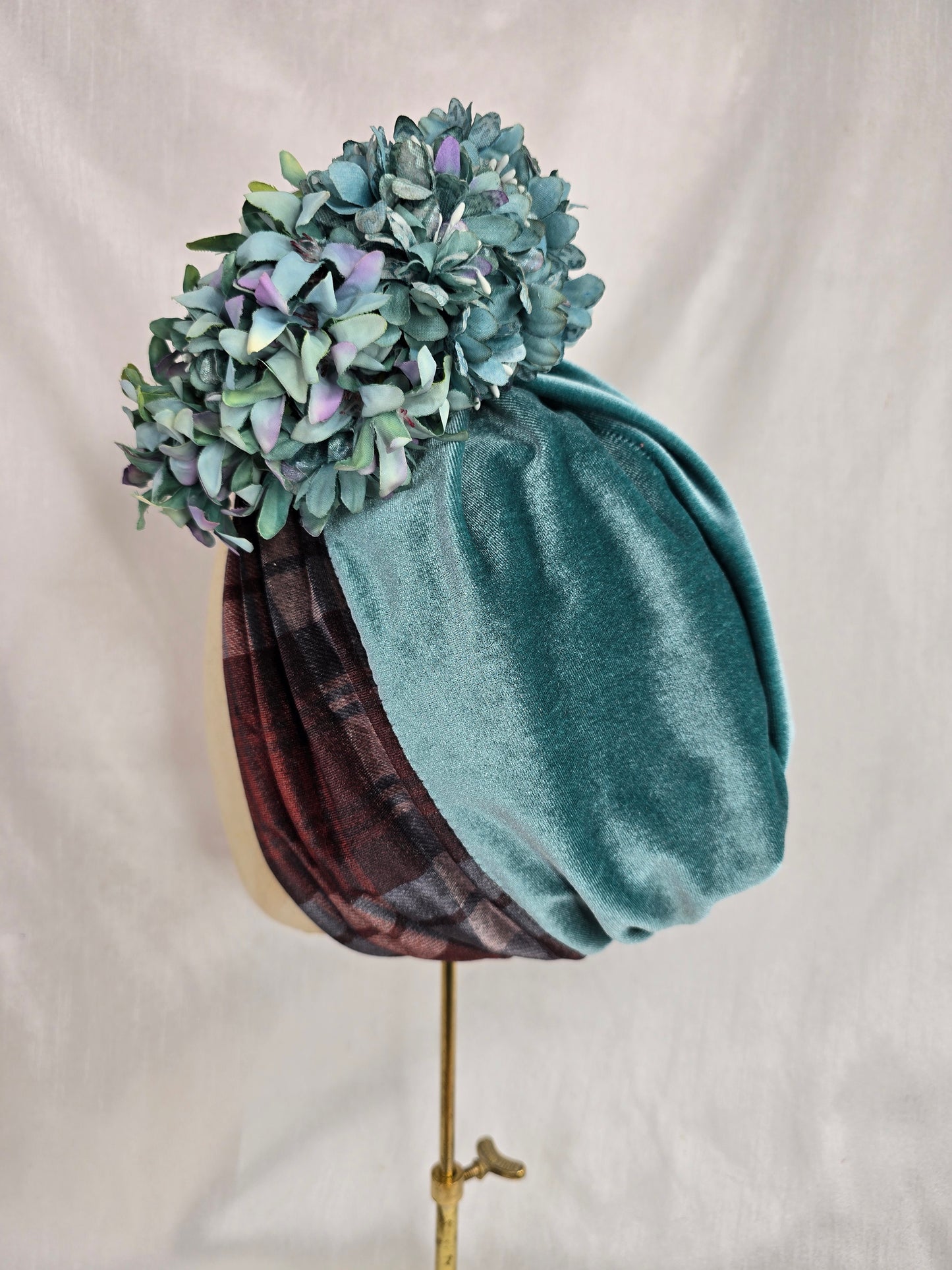 Brown check and blue stretch velvet turban with blue flowers