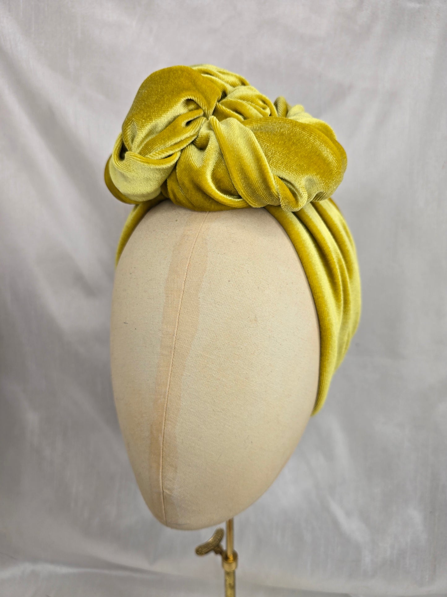 Chartreuse stretch velvet turban with flowers