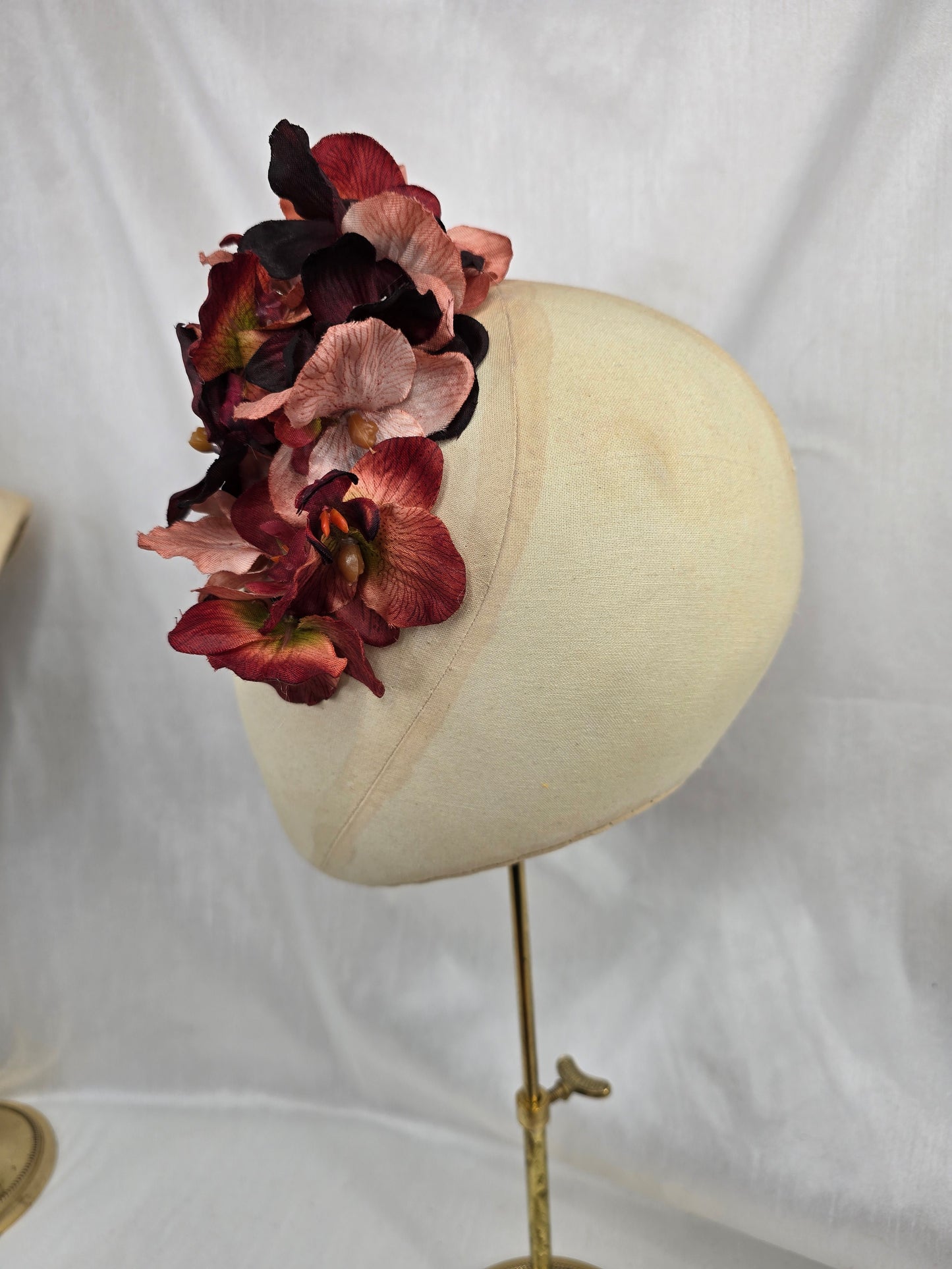 Embossed copper stretch velvet turban with flowers