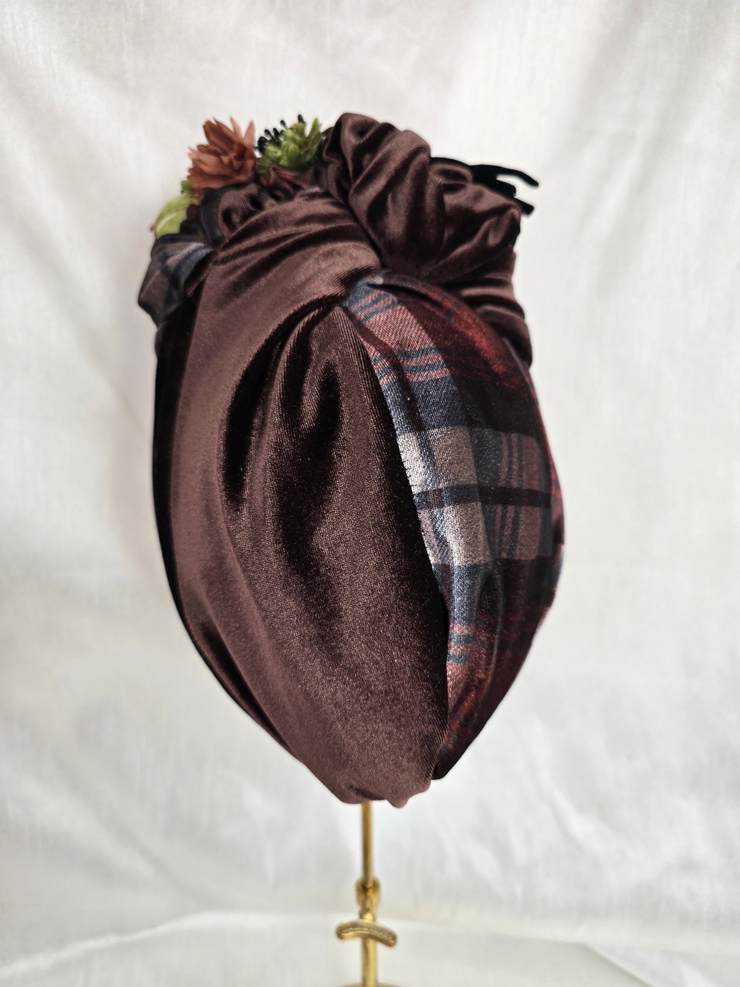 Brown check and brown stretch velvet turban with brown flowers