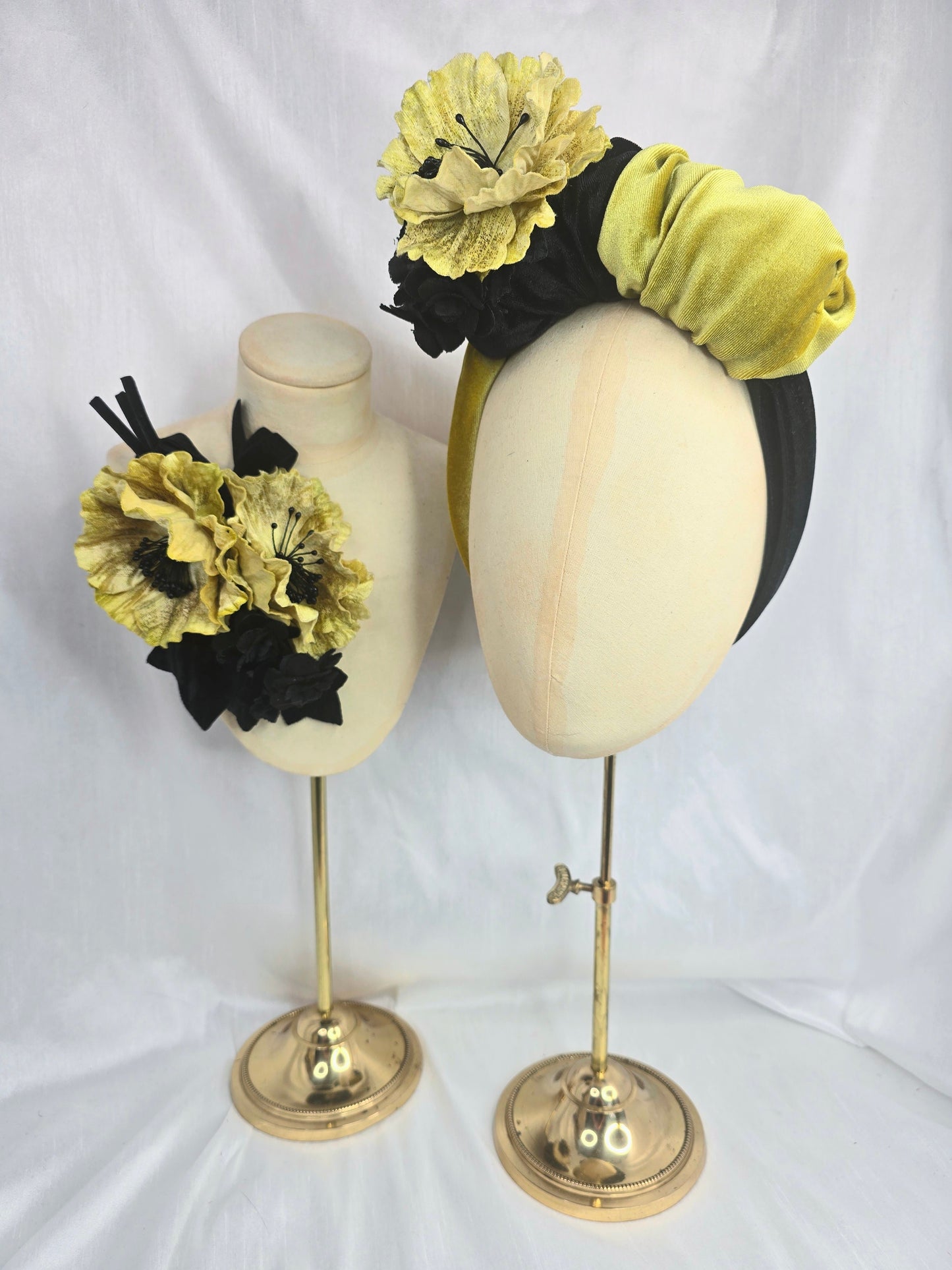 Black and chartreuse stretch velvet turban with flowers