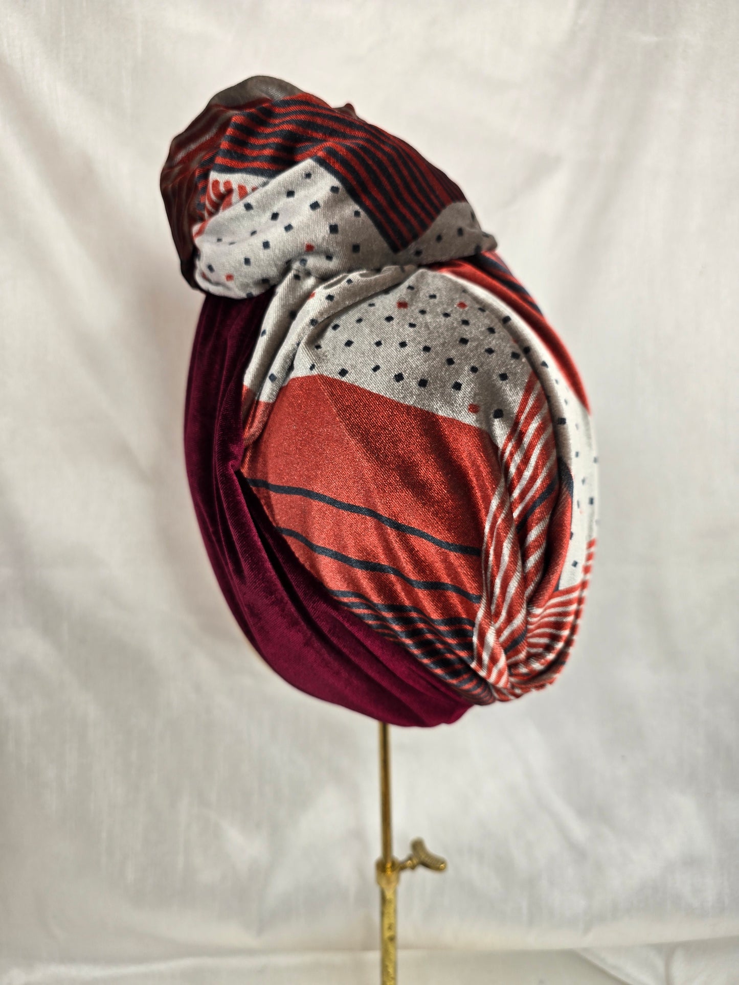 Deco print and maroon stretch velvet turban with flowers