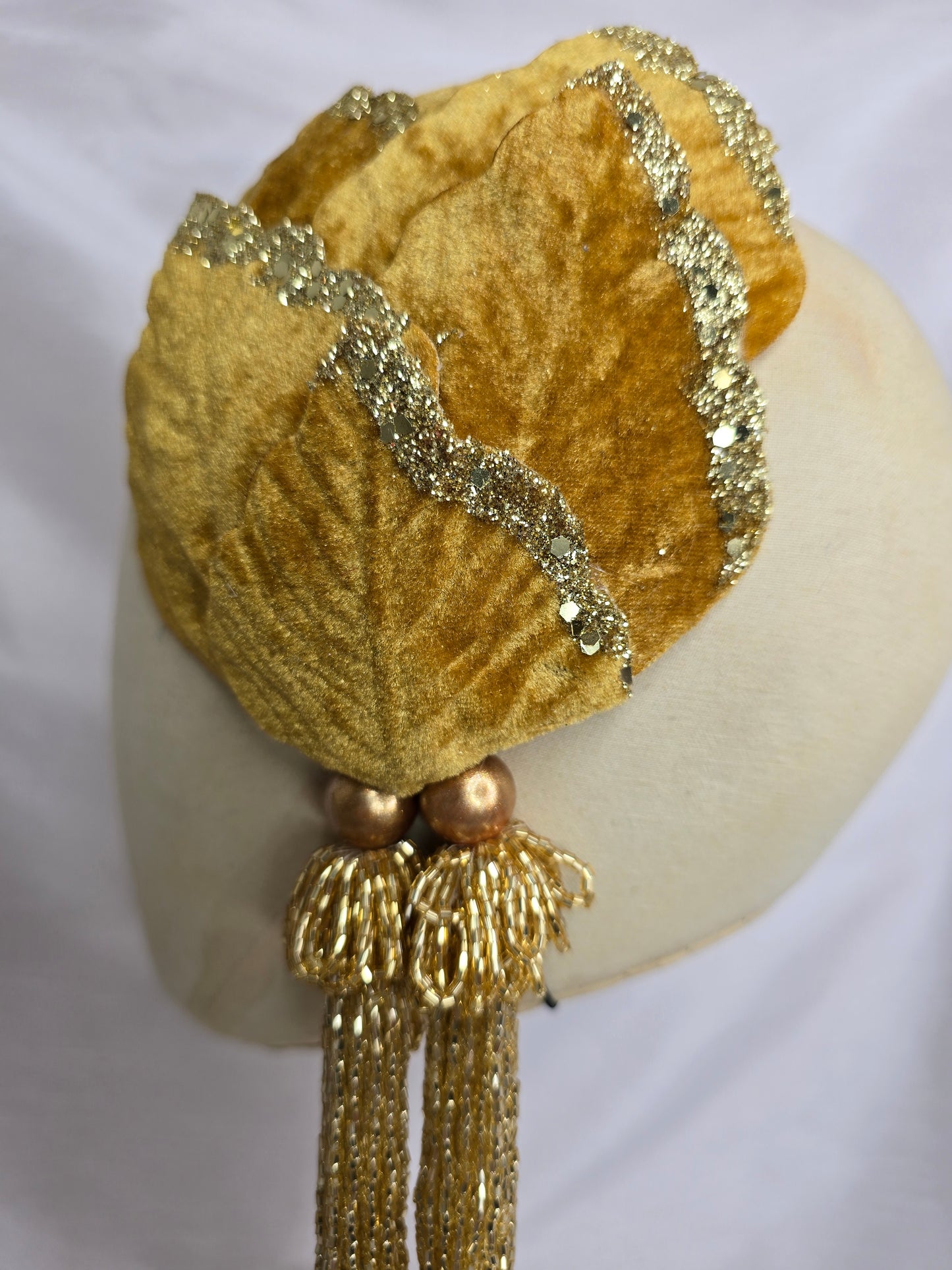 Golden yellow velvet glittered half hat/fascinator with gold beaded tassels (made to order)