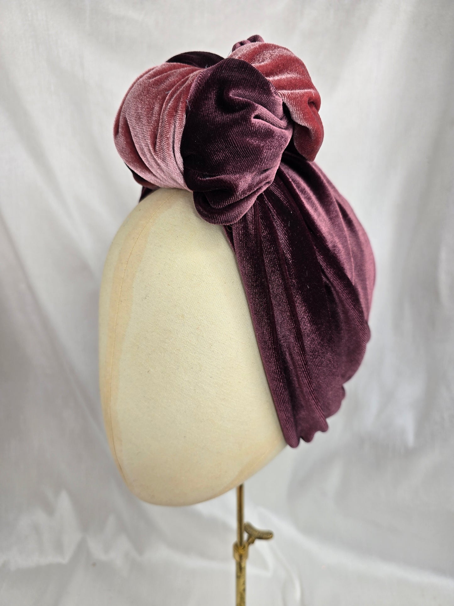 Pink and mocha stretch velvet turban with flower trim, hair flower and corsage