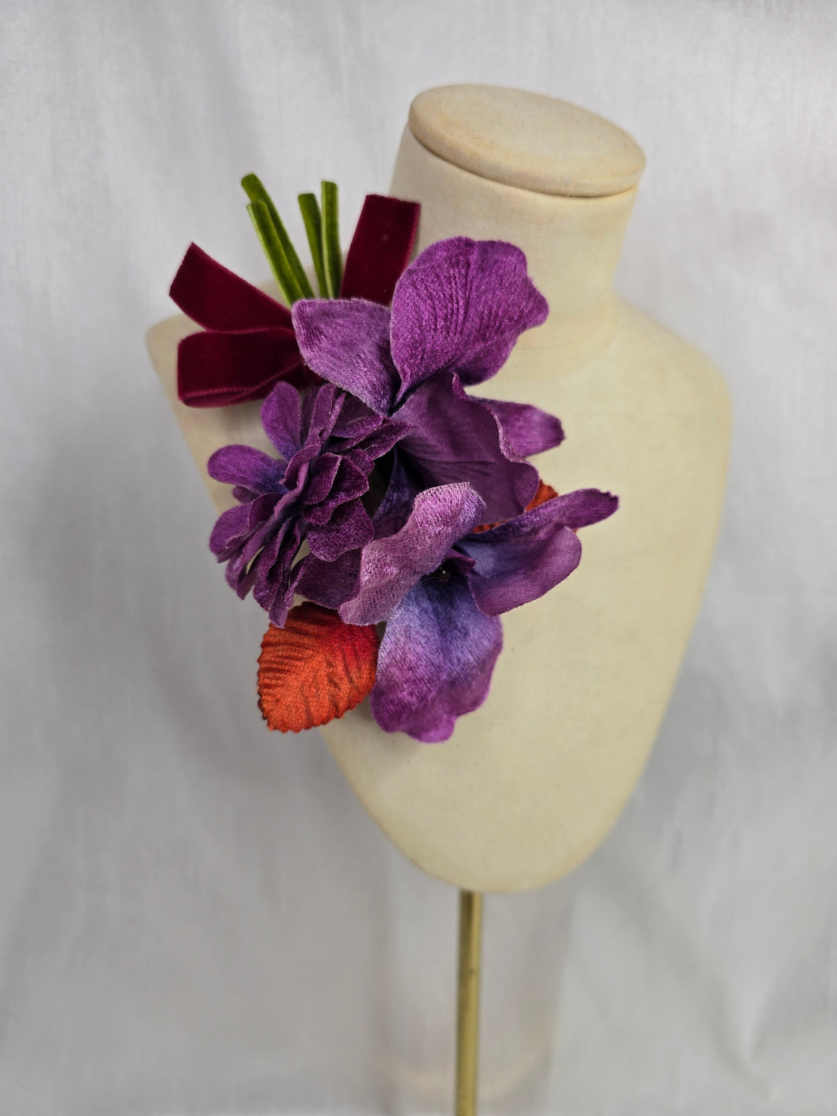 Purple velvet orchid hair flower and corsage set