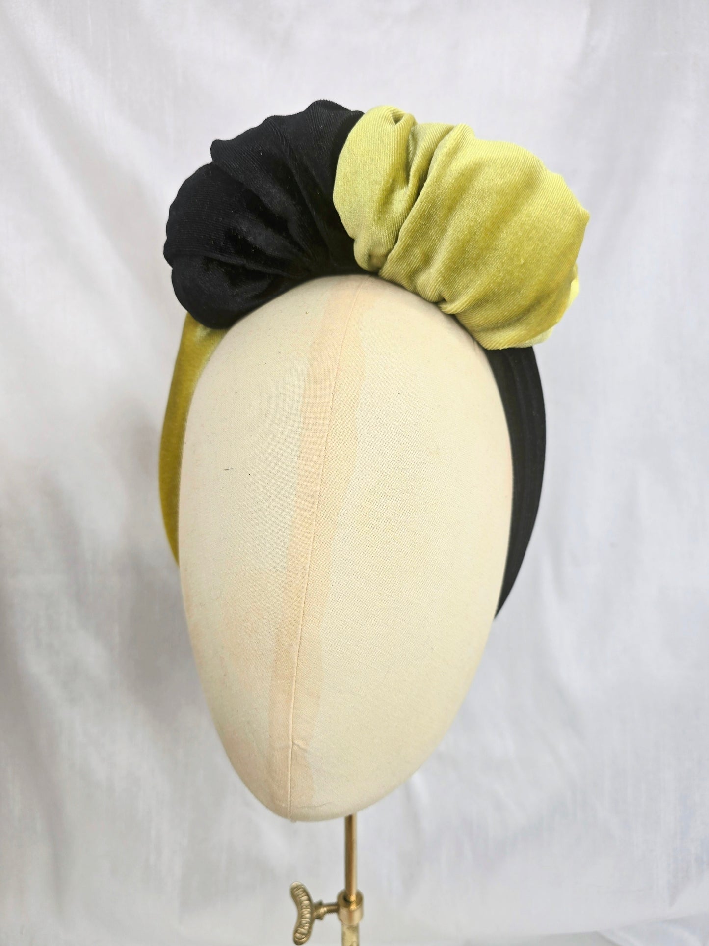 Black and chartreuse stretch velvet turban with flowers