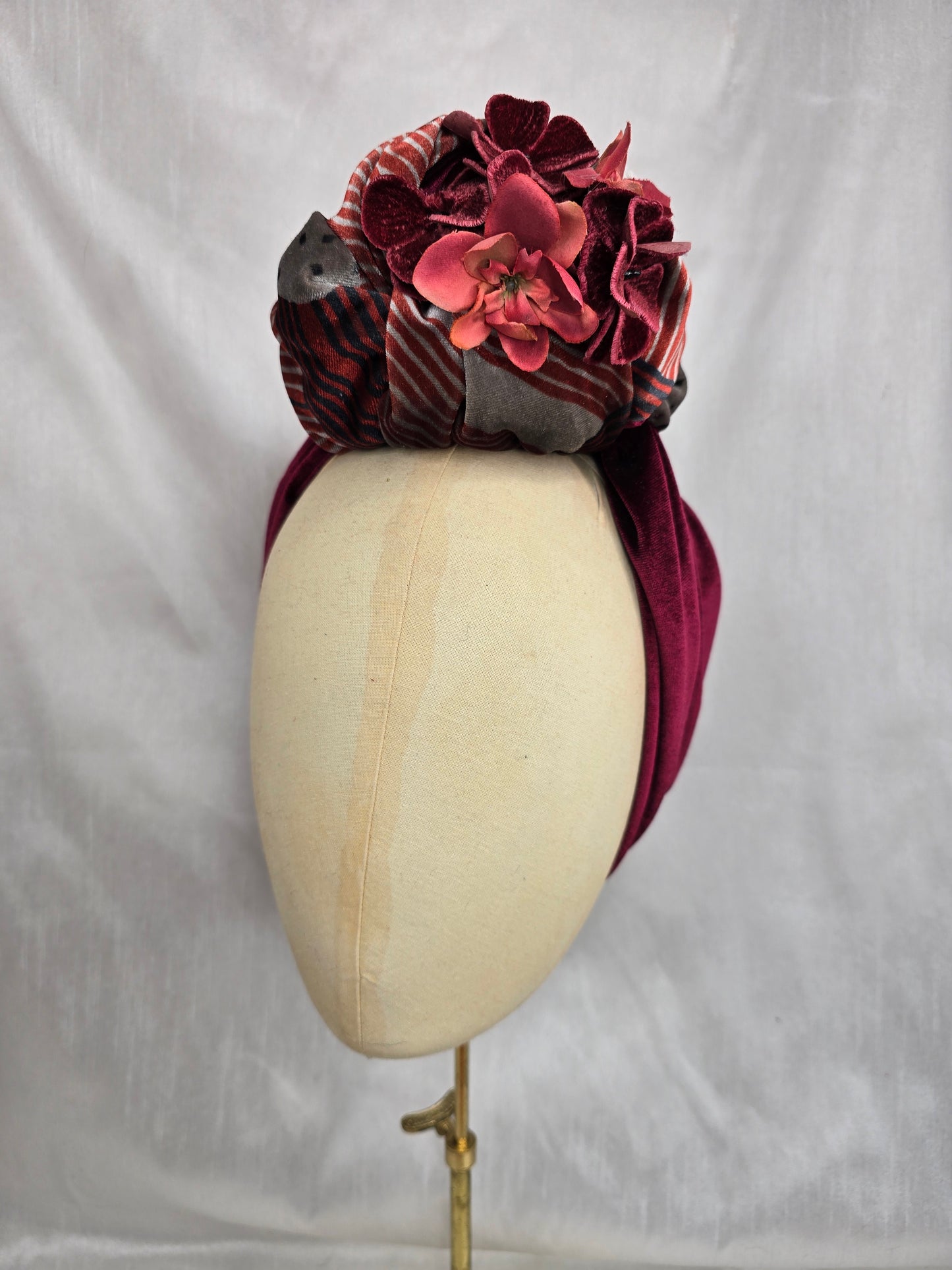 Deco print and maroon stretch velvet turban with flowers