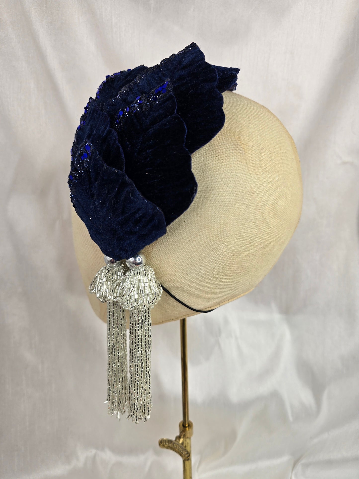Navy glittered half hat/fascinator with silver beaded tassels (made to order)
