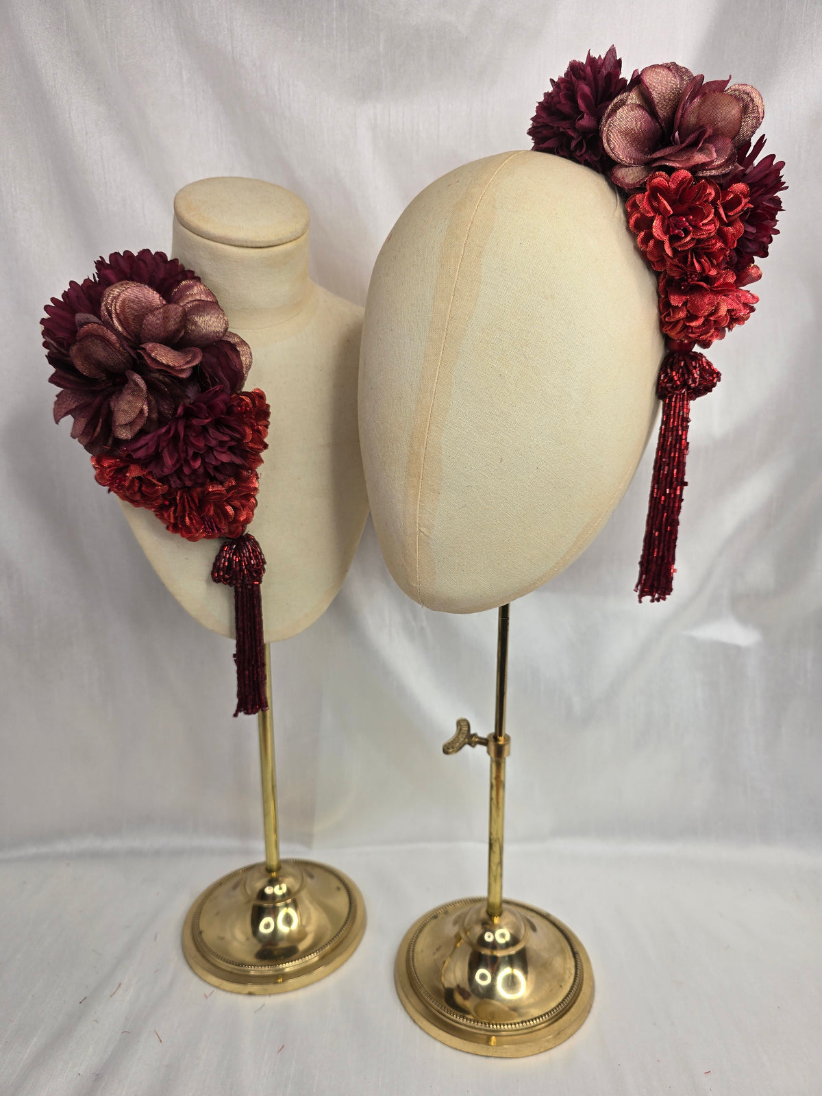 Medium autumn red flower headpiece/corsage with beaded tassel