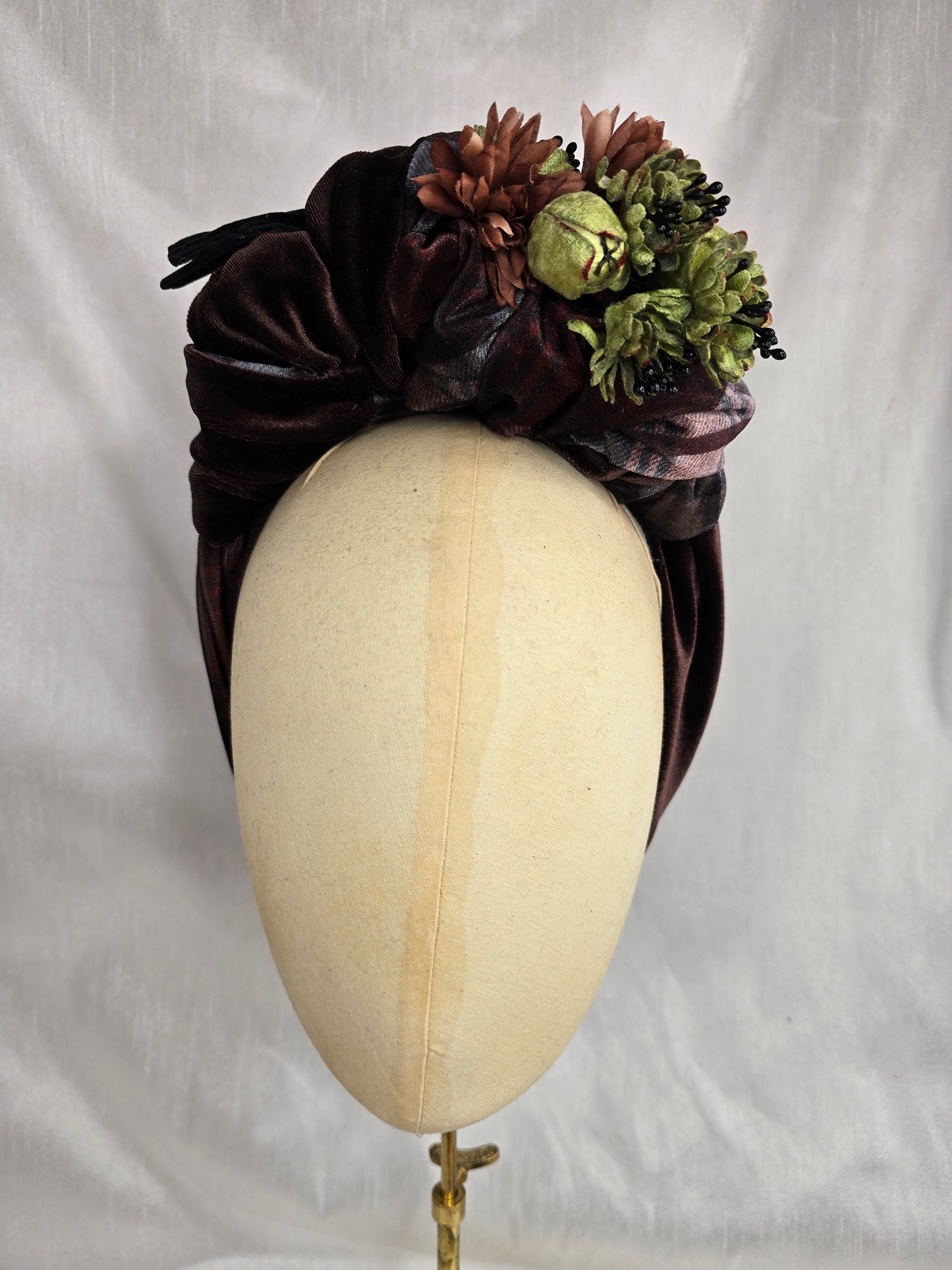 Brown check and brown stretch velvet turban with brown flowers