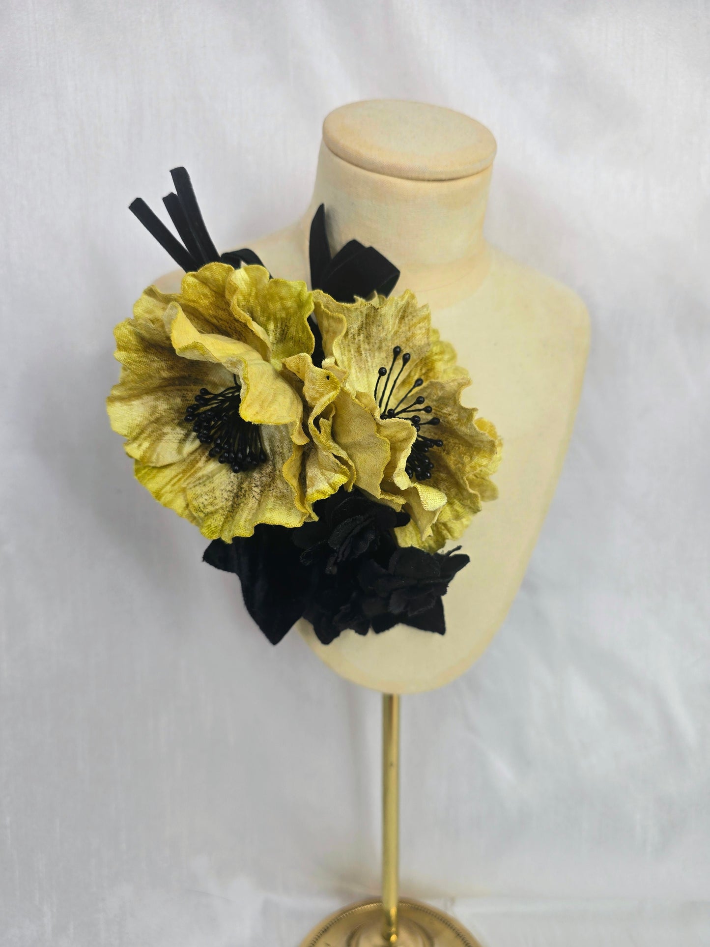 Black and chartreuse stretch velvet turban with flowers