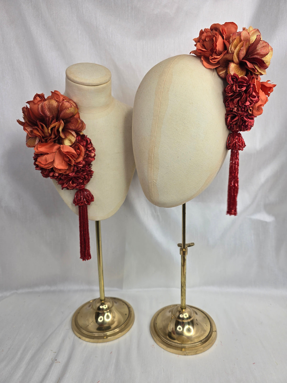 Medium autumn orange flower headpiece/corsage with beaded tassel