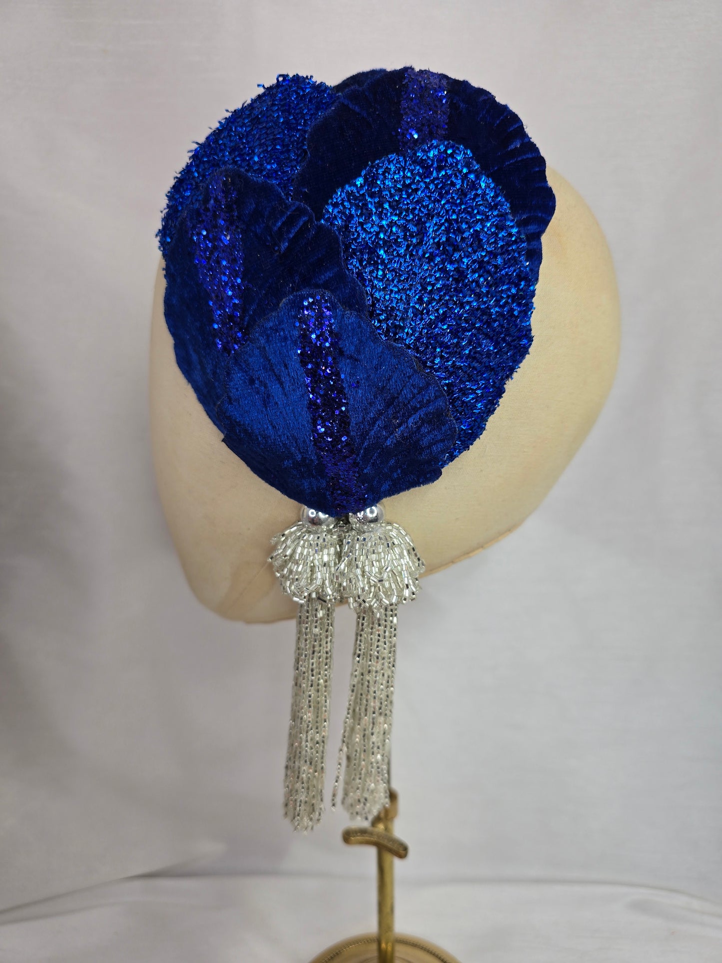 Royal blue with glitter half hat/fascinator with silver beaded tassels