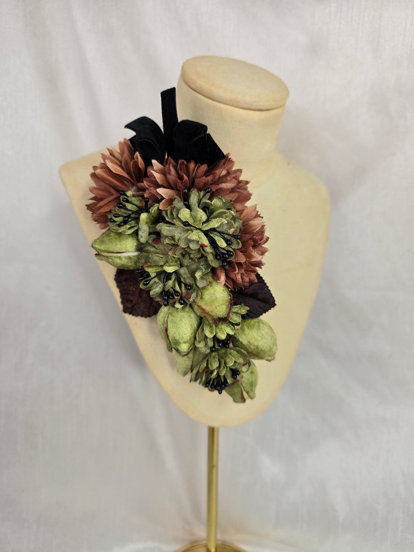 Brown check and brown stretch velvet turban with brown flowers