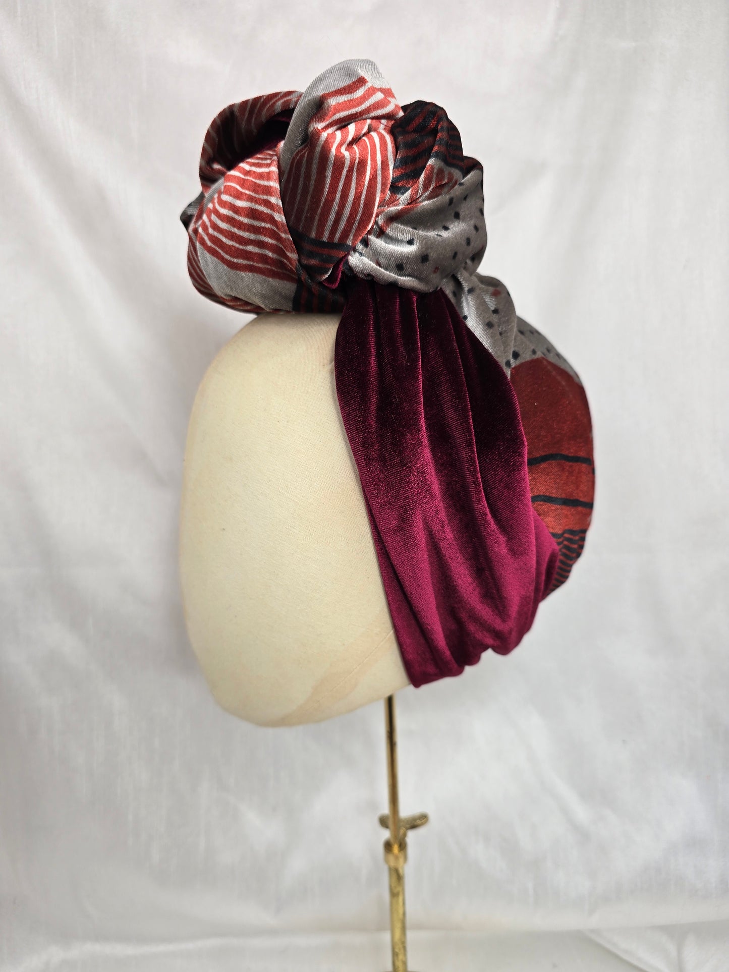 Deco print and maroon stretch velvet turban with flowers