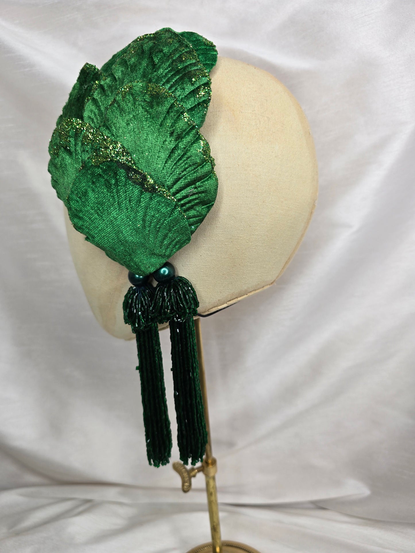 Emerald green velvet glittered half hat/fascinator with green beaded tassels (made to order)