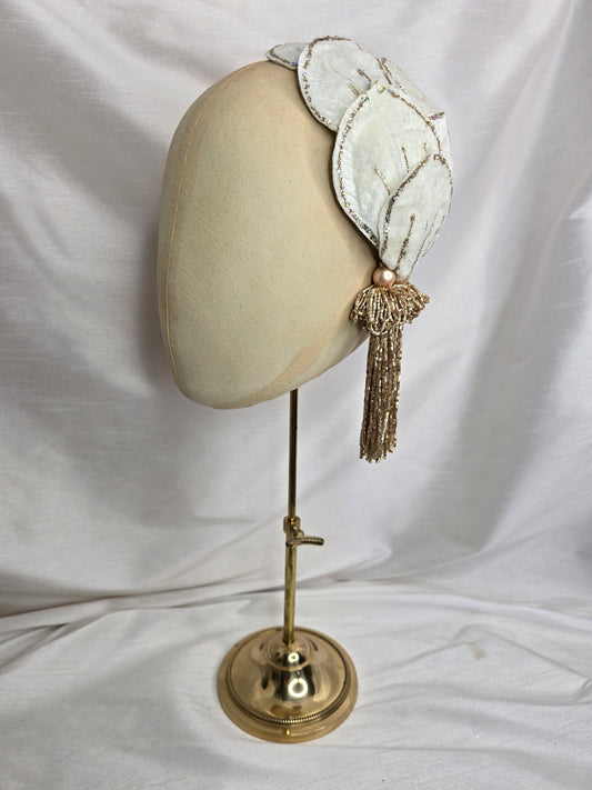 Light cream velvet glittered half hat/fascinator with gold beaded tassels (made to order)