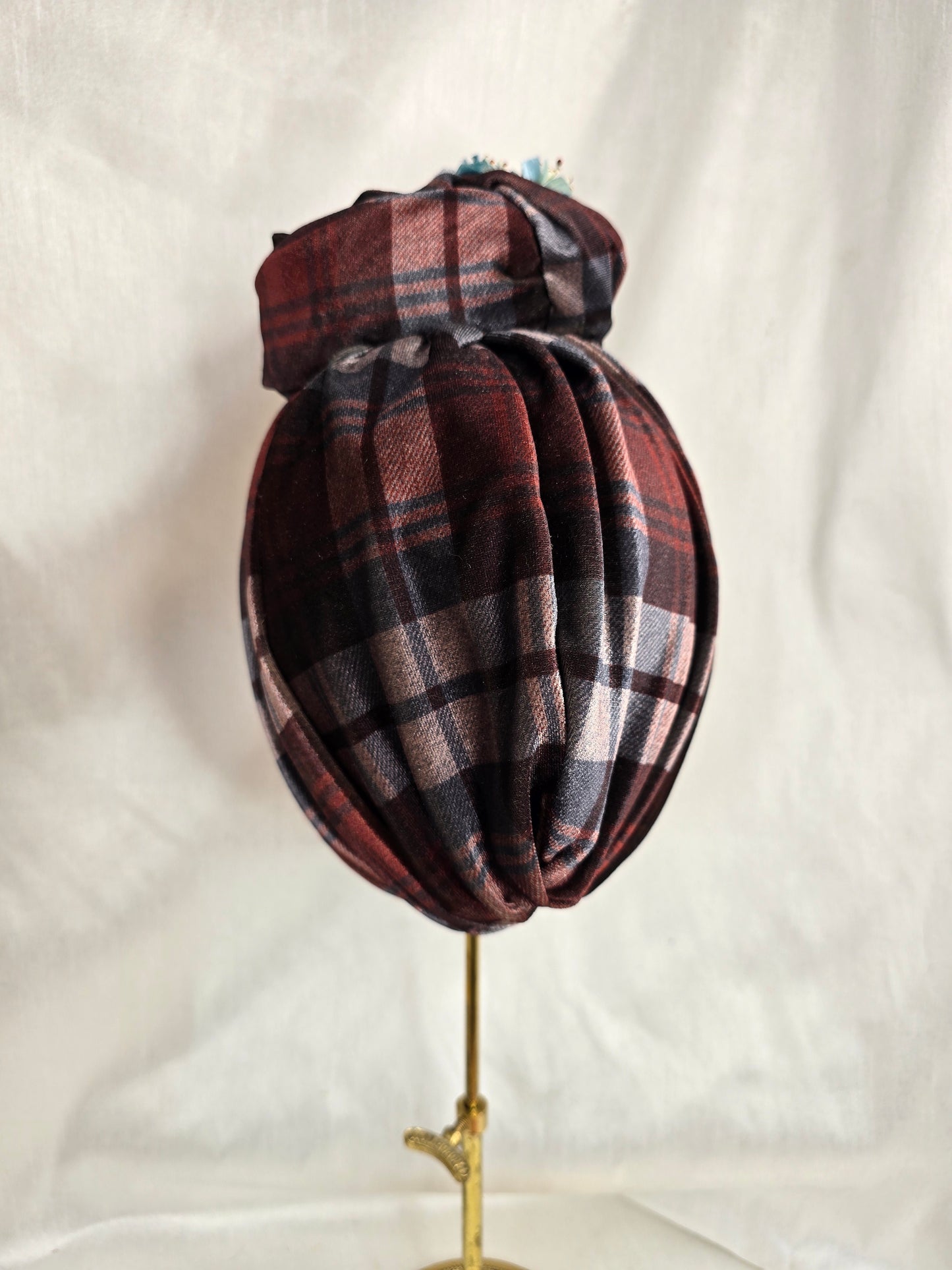 Brown check and stretch velvet turban with blue vintage flowers