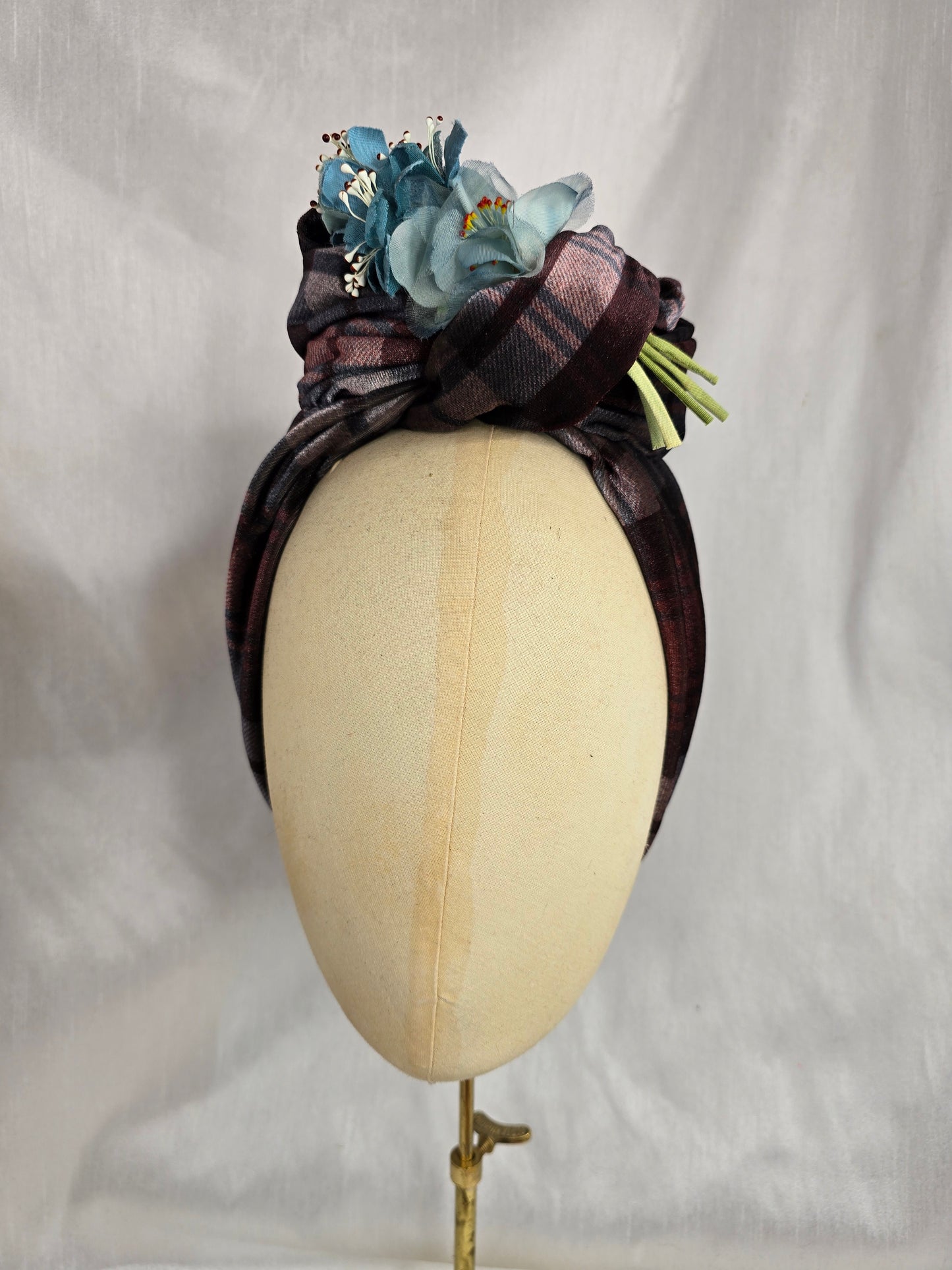 Brown check and stretch velvet turban with blue vintage flowers