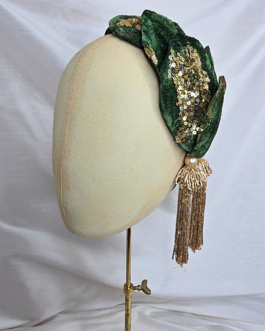 Olive green and gold sequinned velvet half hat/fascinator with gold beaded tassels (made to order)