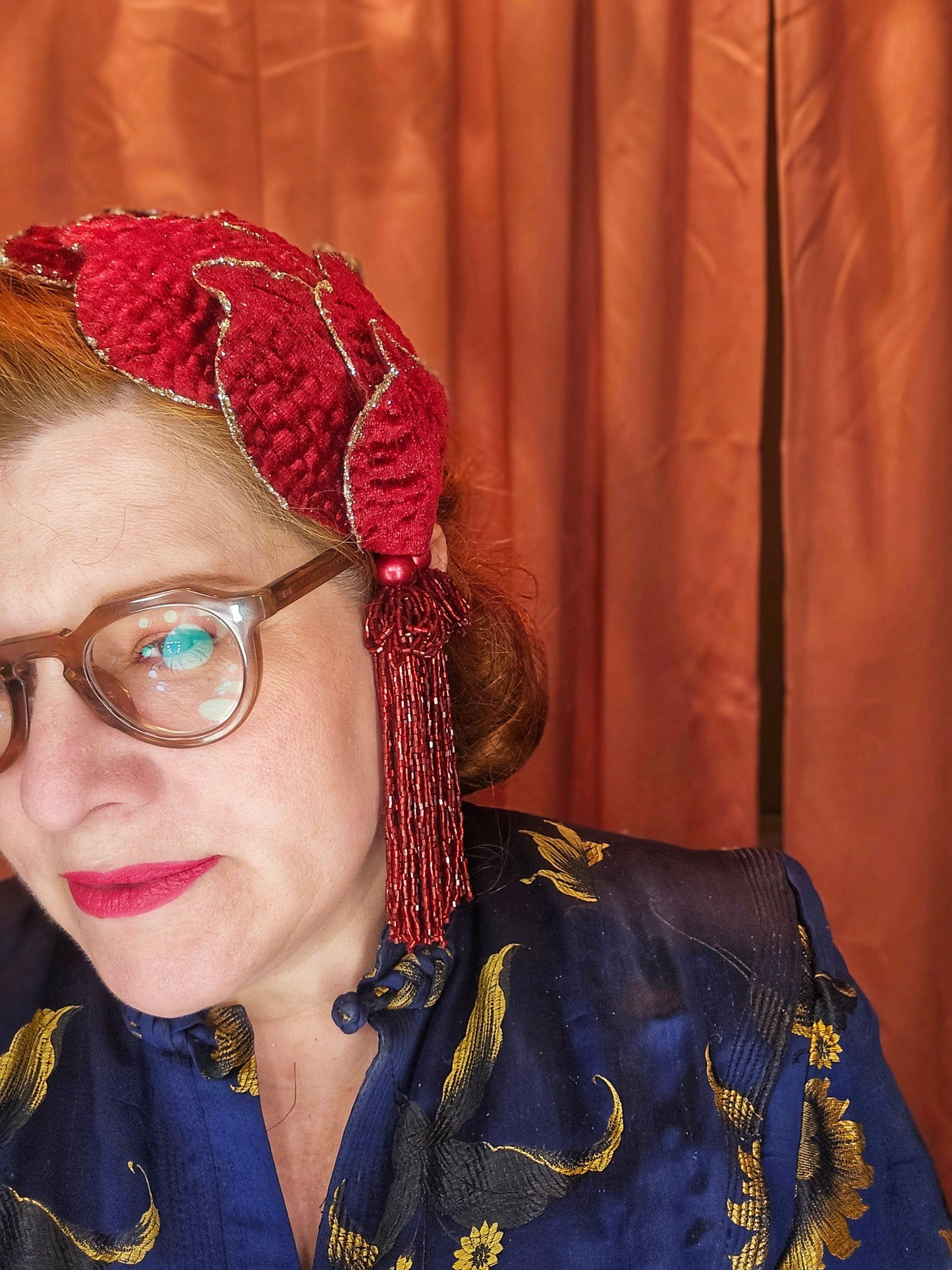 Wine red half hat/fascinator with beaded tassels (made to order)