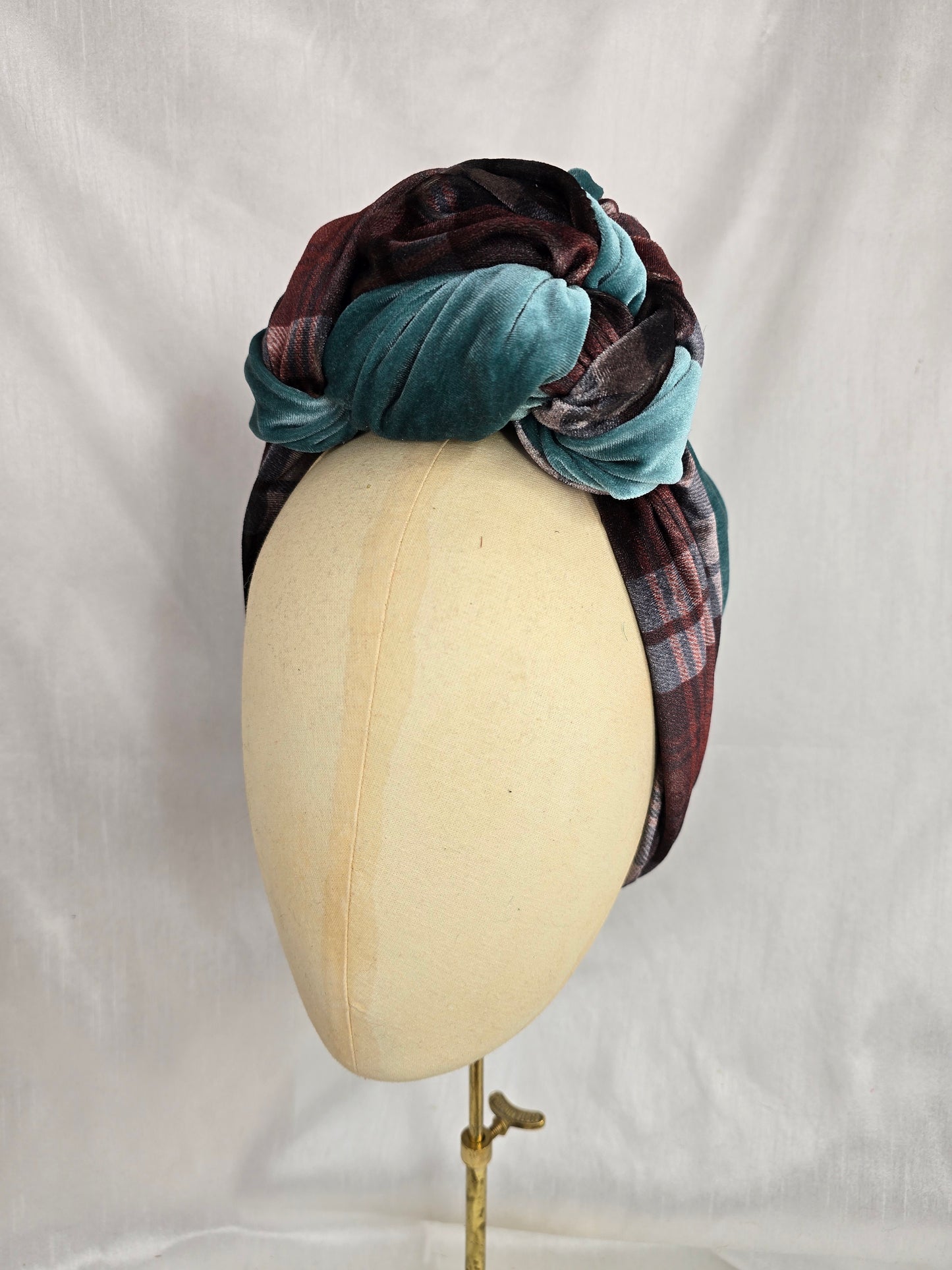 Brown check and blue stretch velvet turban with blue flowers