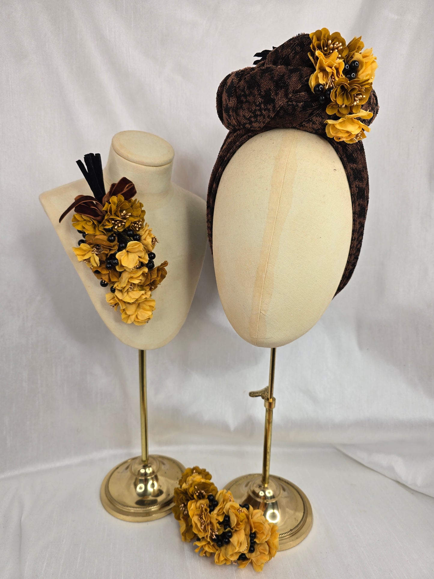 Brown houndstooth stretch velvet turban with mustard flowers