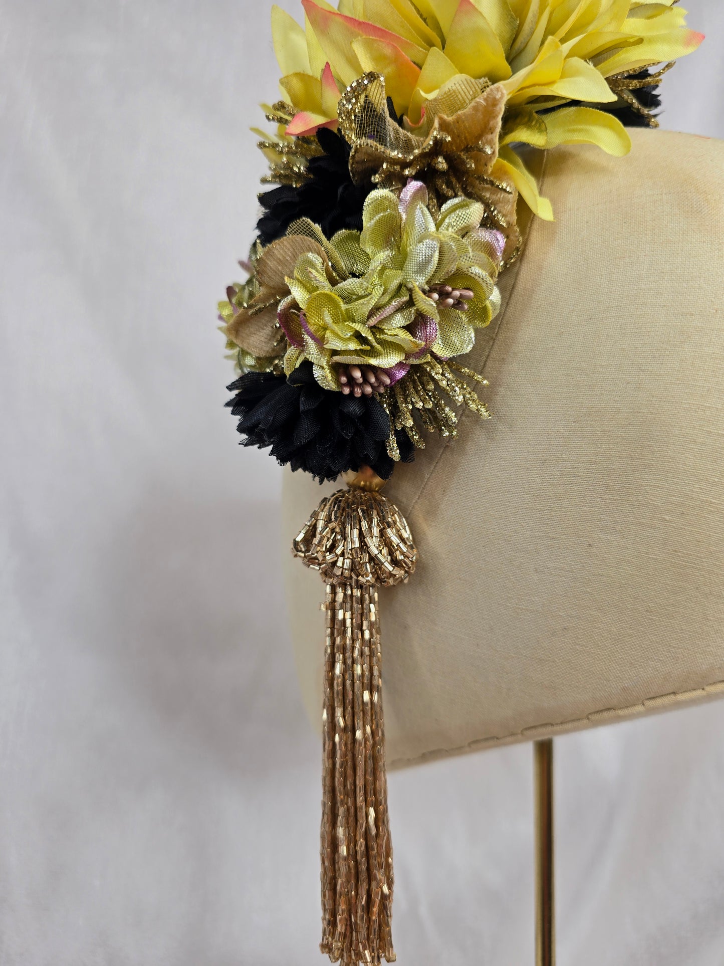Large gold/black/chartruese hair flower with beaded tassel (Copy)
