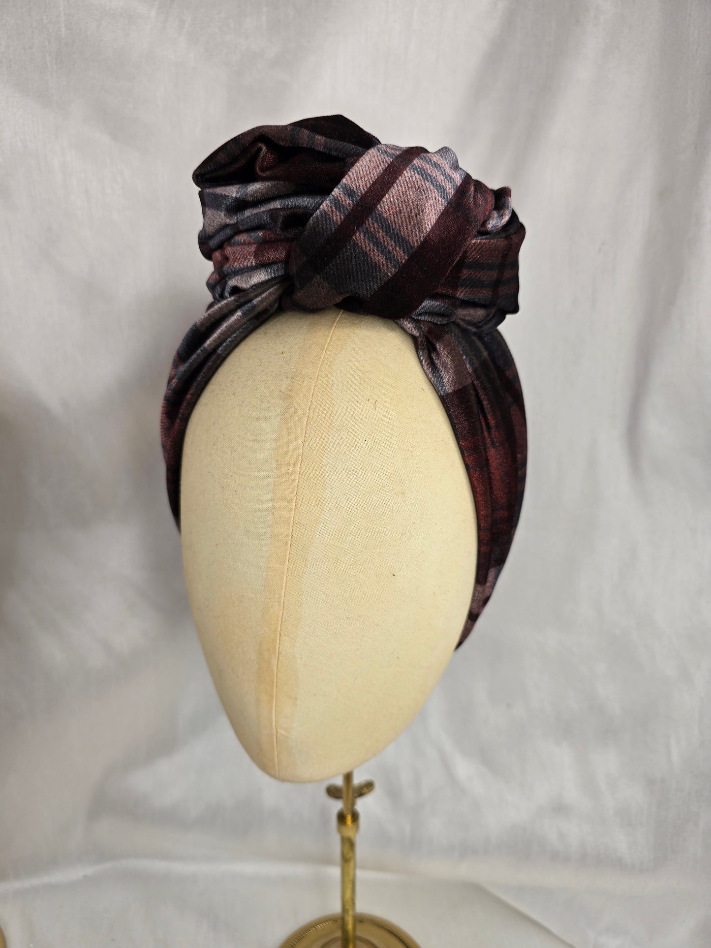 Brown check and stretch velvet turban with blue vintage flowers