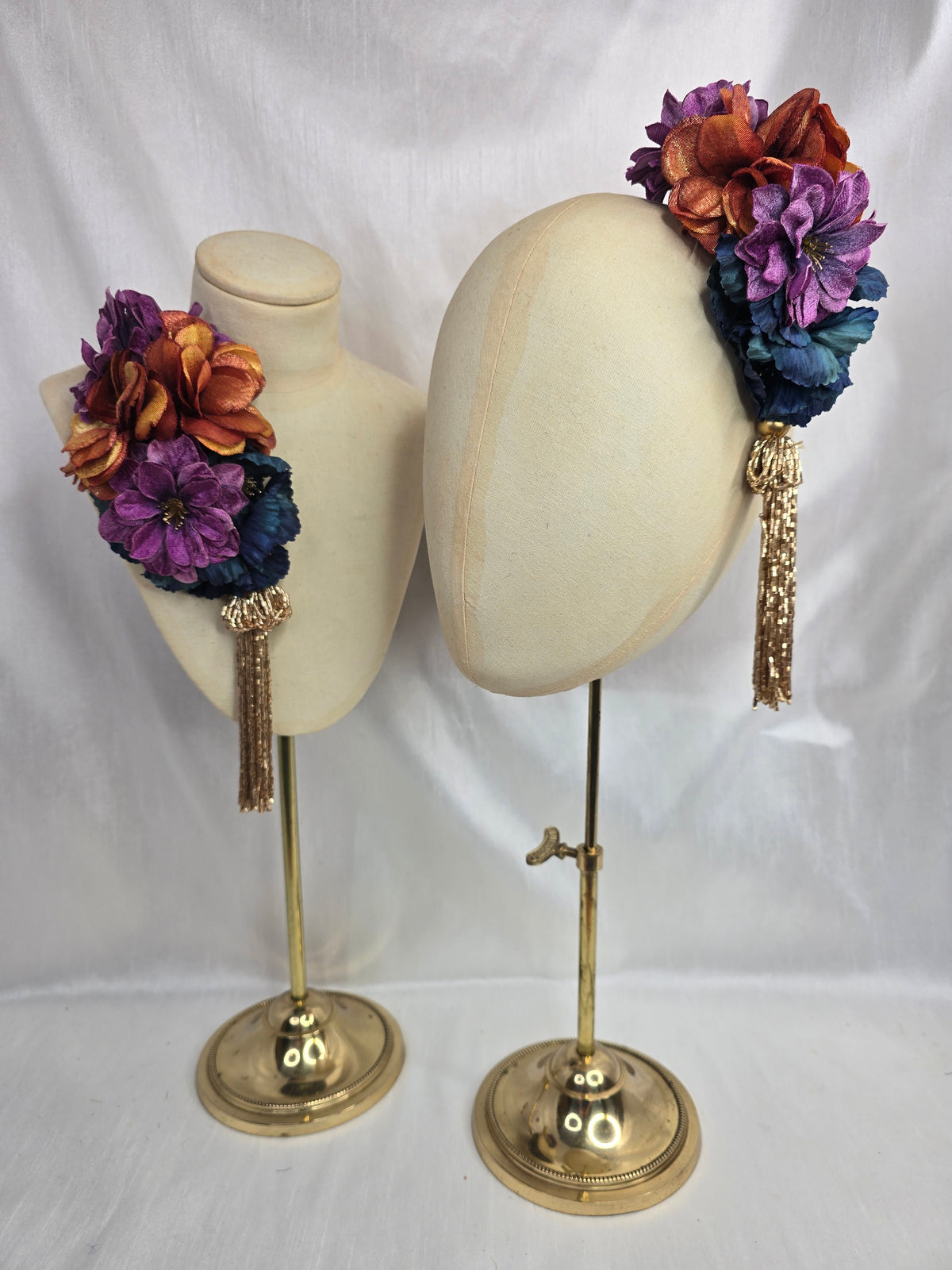 Medium multi autumn flower headpiece/corsage with beaded tassel