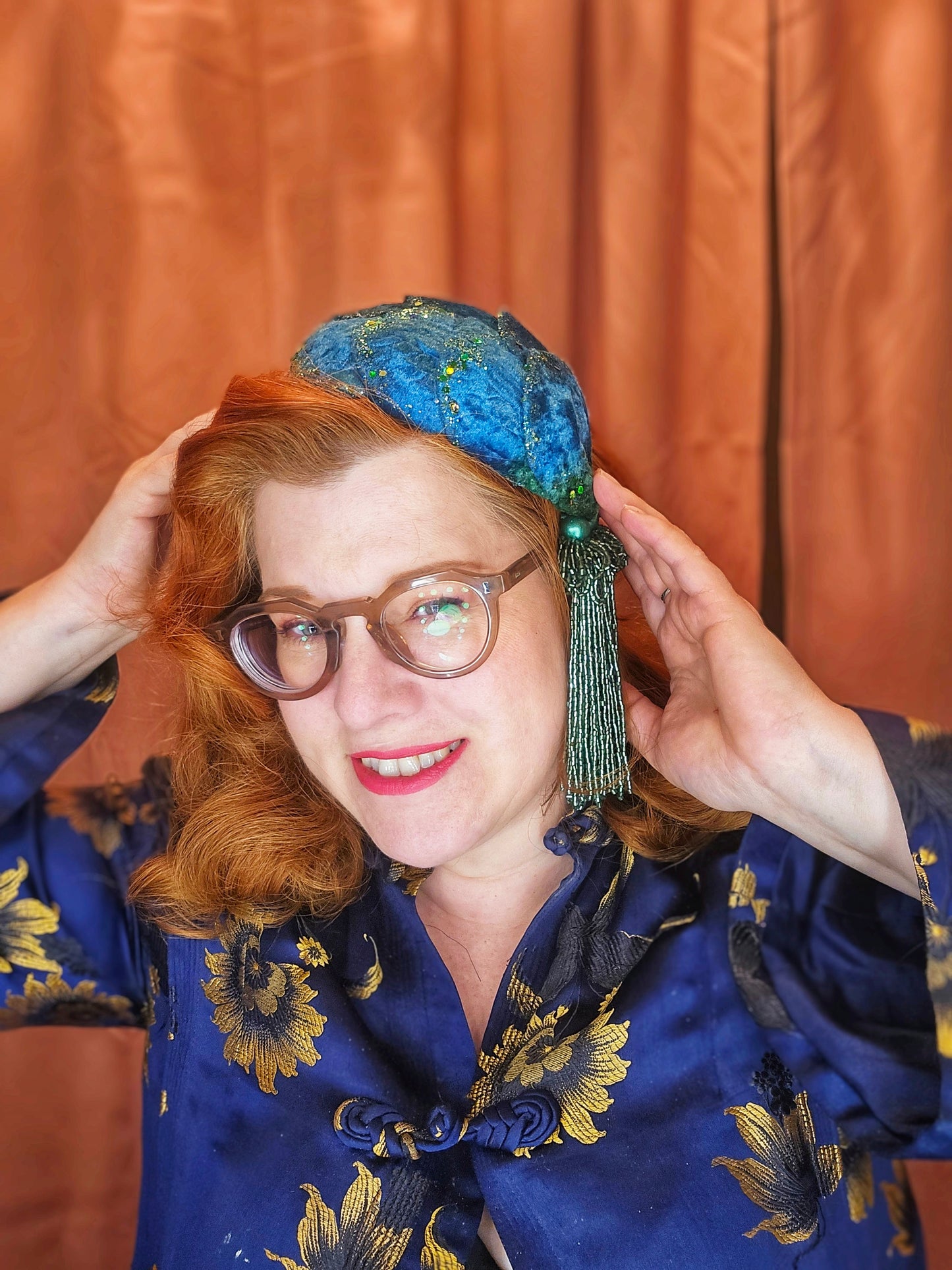 Teal and green half hat/fascinator with beaded tassels (made to order)