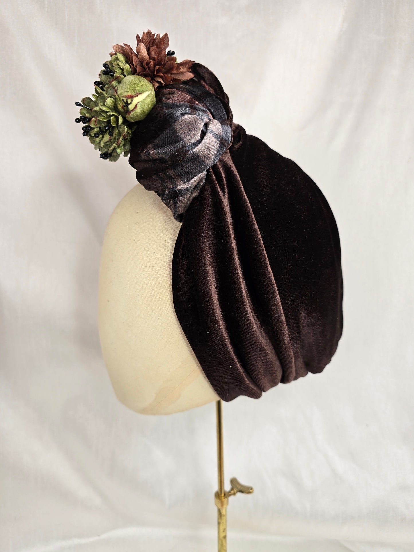 Brown check and brown stretch velvet turban with brown flowers