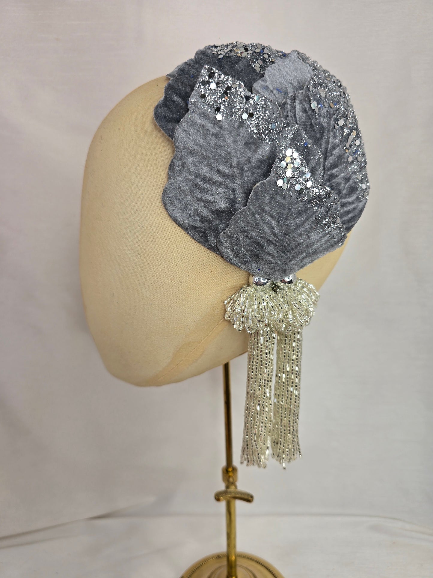 Silver velvet glittered half hat/fascinator with silver beaded tassels