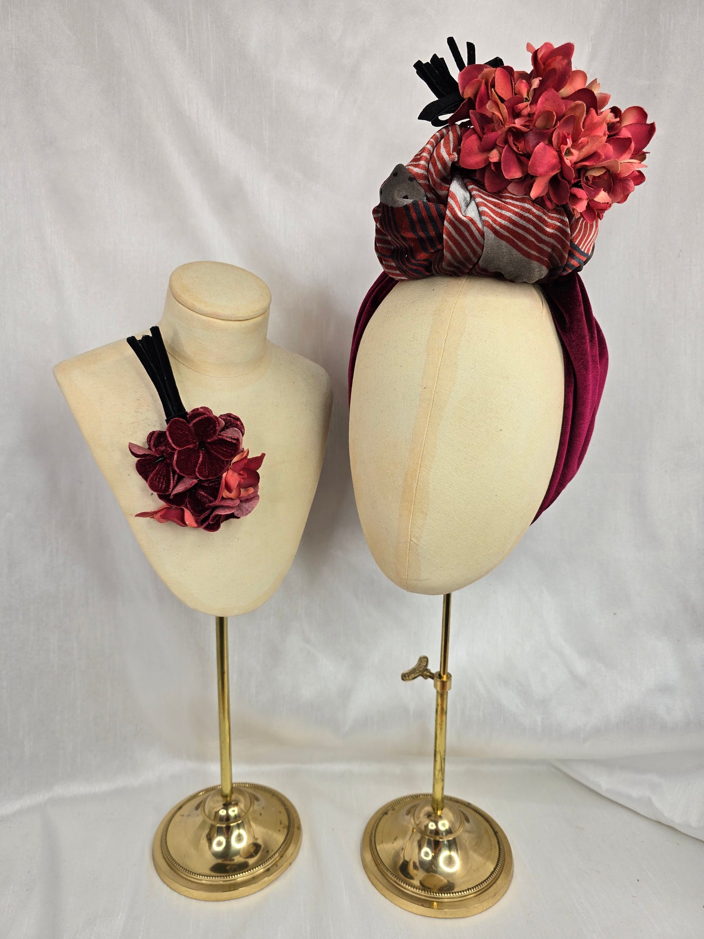 Deco print and maroon stretch velvet turban with flowers