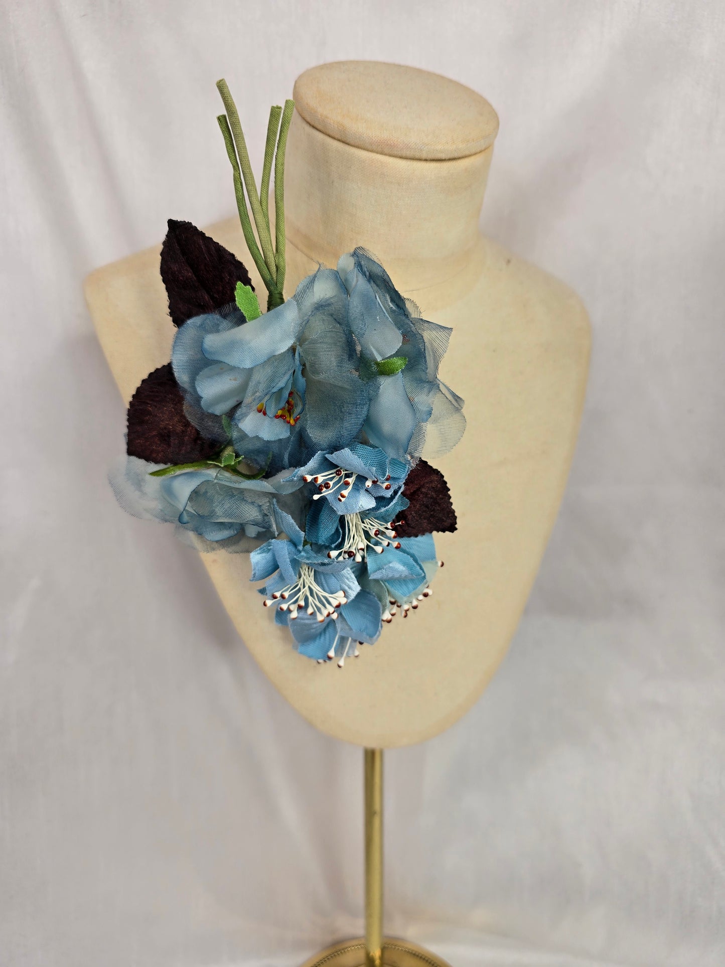 Brown check and stretch velvet turban with blue vintage flowers
