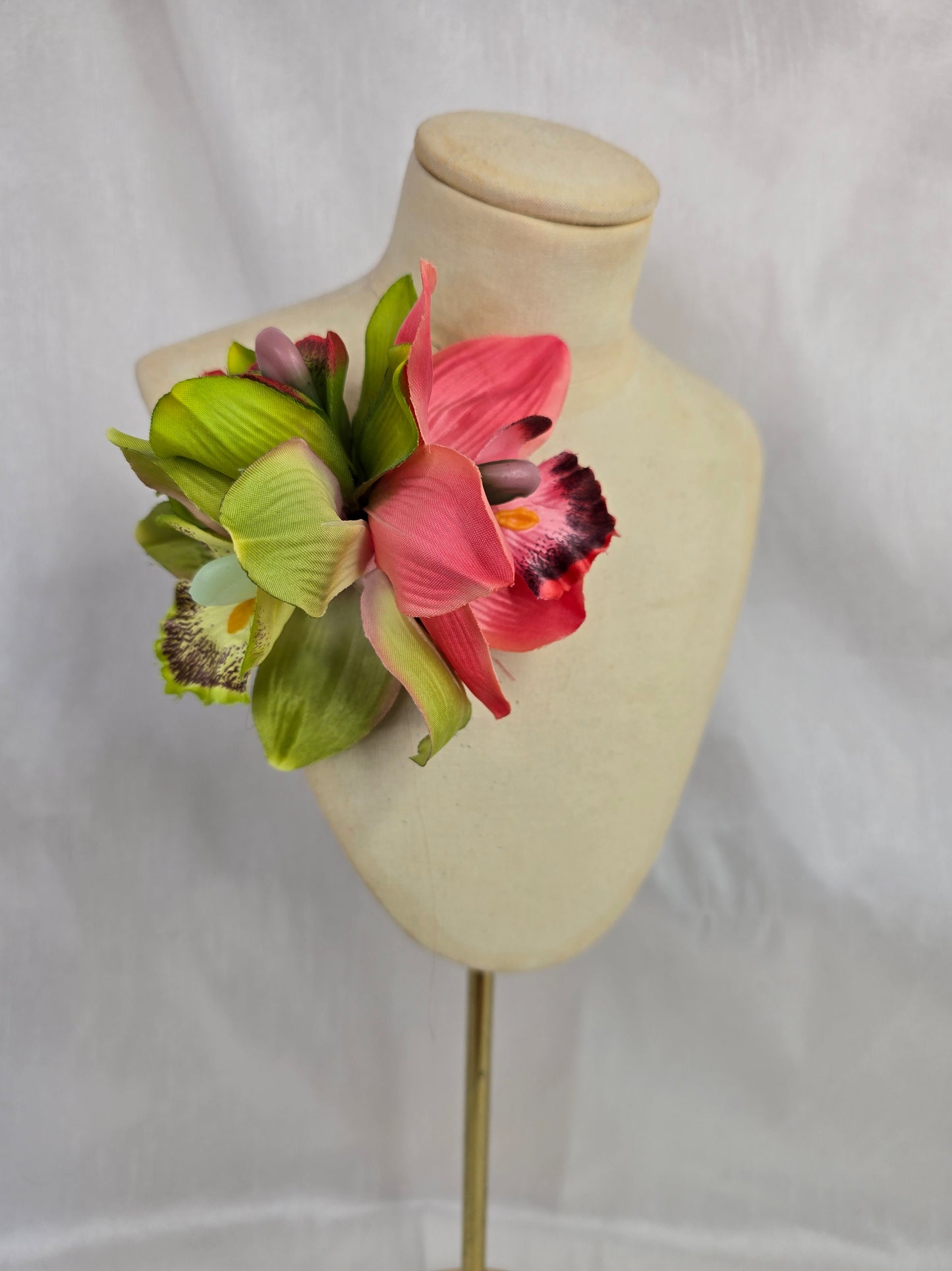 Green and pink orchid hair flower and corsage set