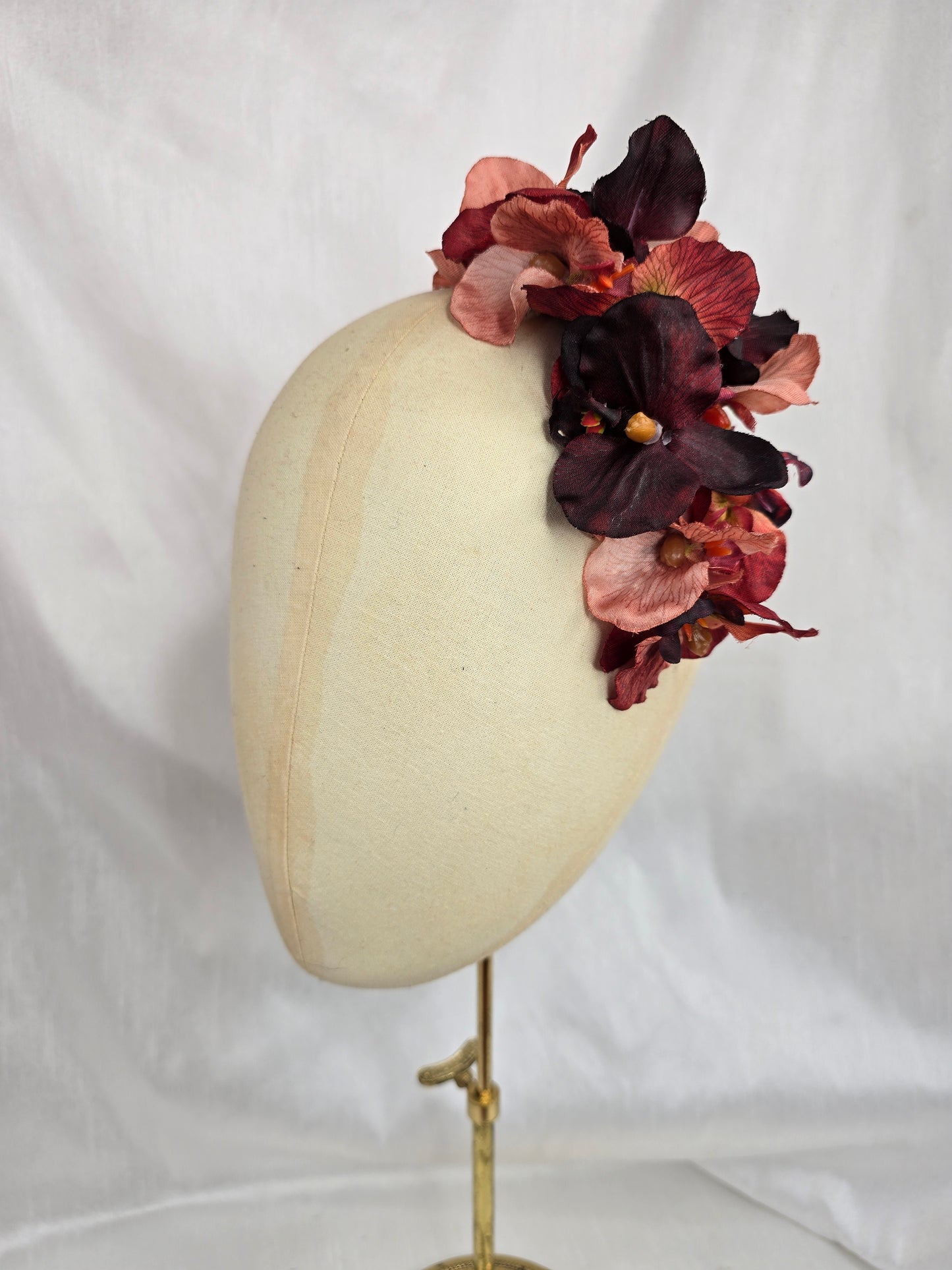 Embossed copper stretch velvet turban with flowers