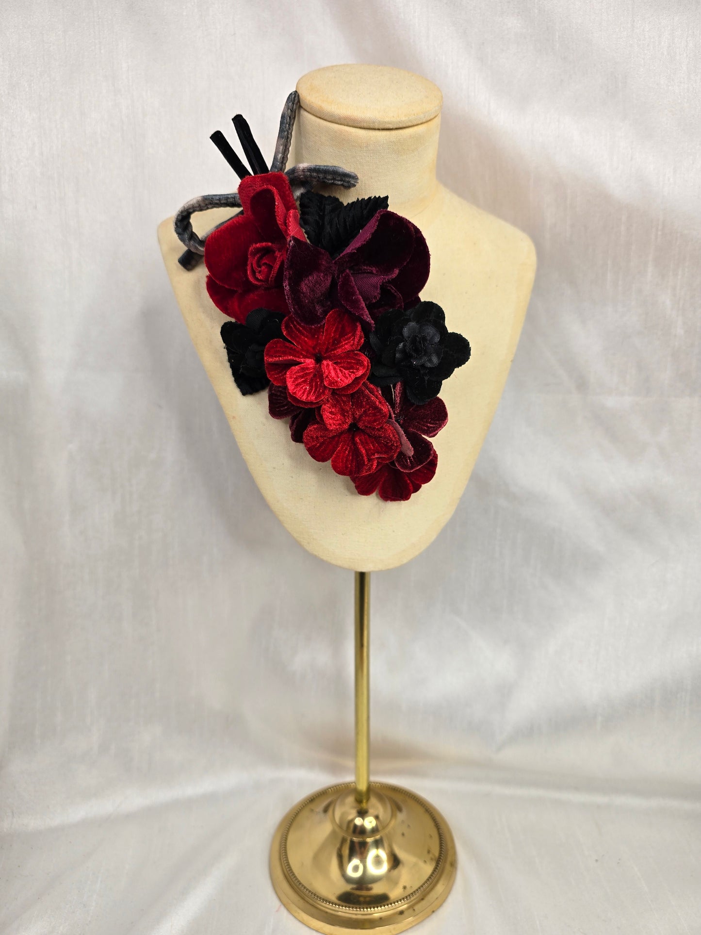 Red and leopard stretch velvet turban with corsage