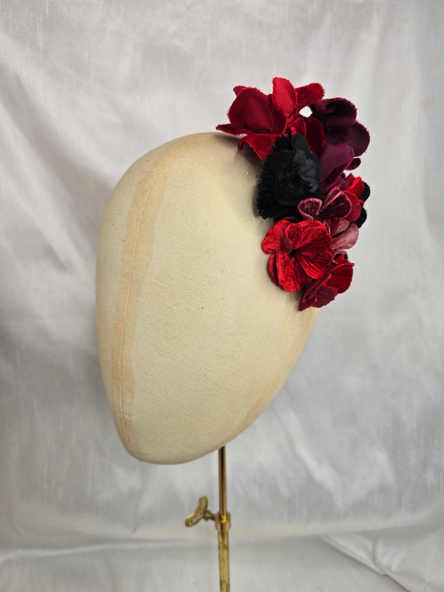 Red and leopard stretch velvet turban with corsage
