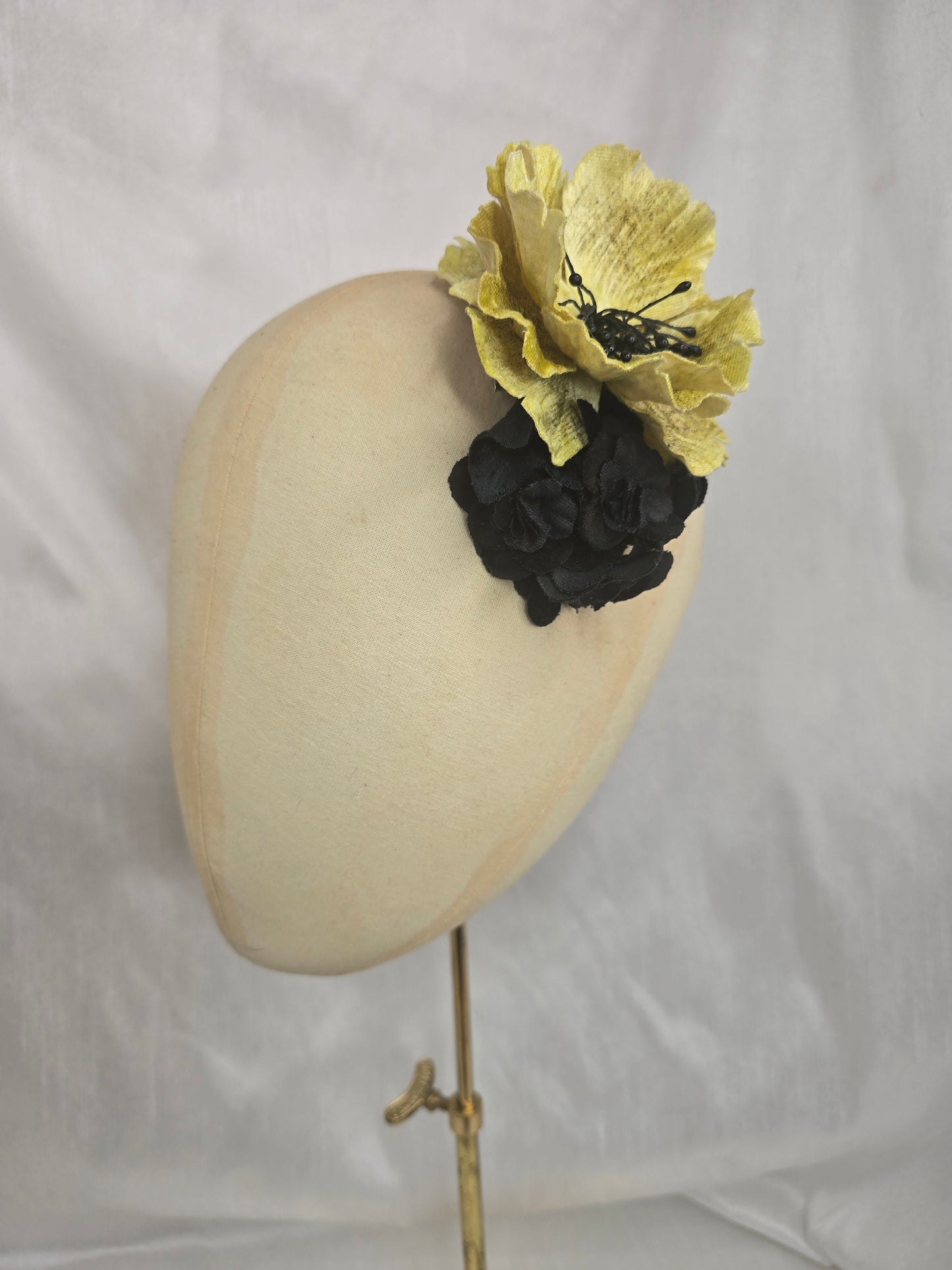 Black and chartreuse stretch velvet turban with flowers