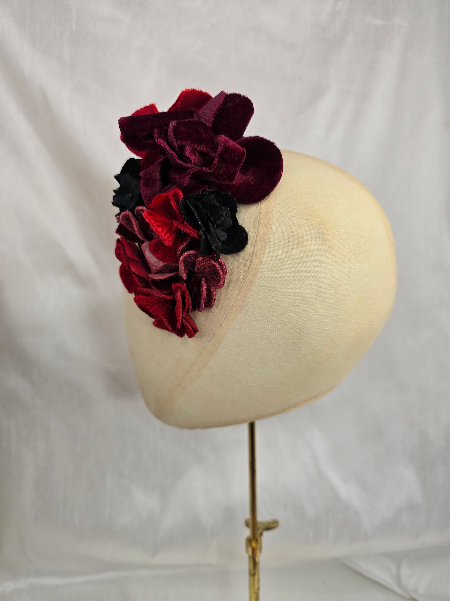 Red and leopard stretch velvet turban with corsage