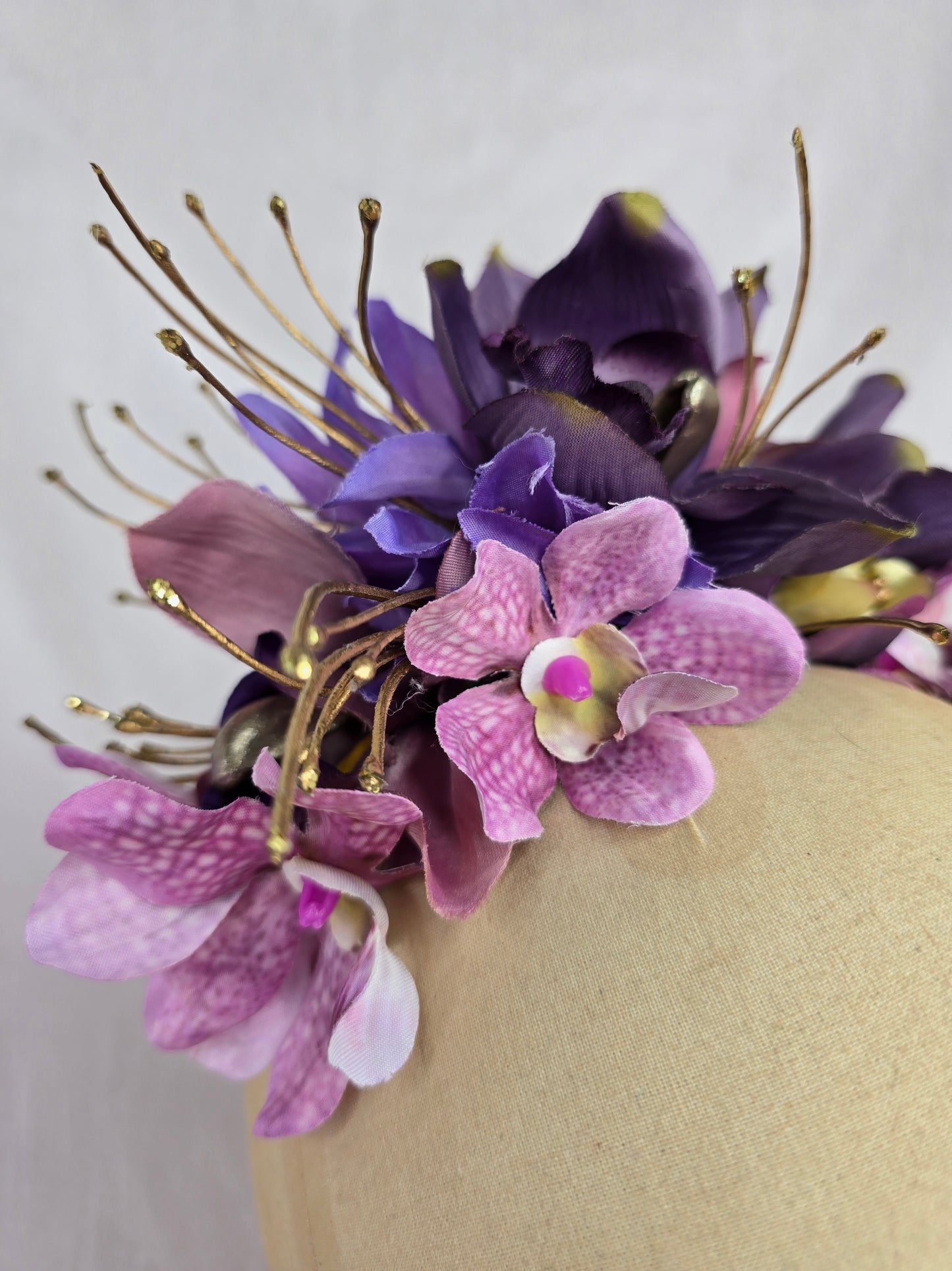 Extra large purple orchid and dangly wisteria flower headpiece