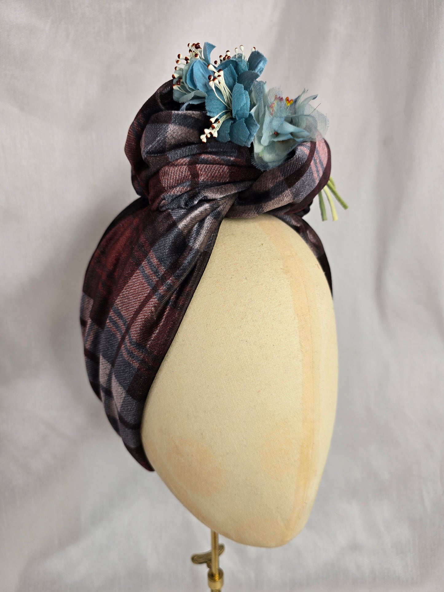 Brown check and stretch velvet turban with blue vintage flowers