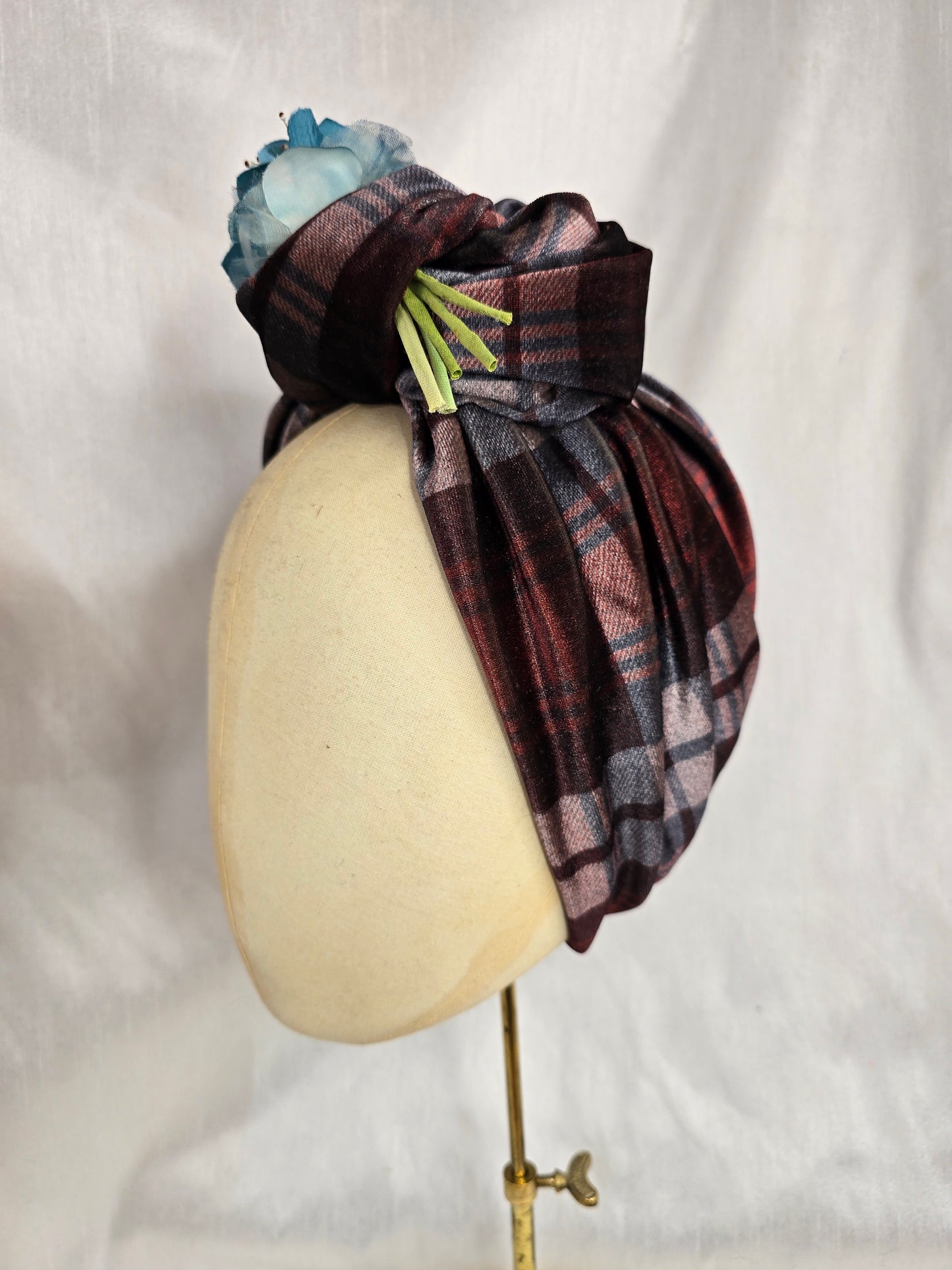 Brown check and stretch velvet turban with blue vintage flowers