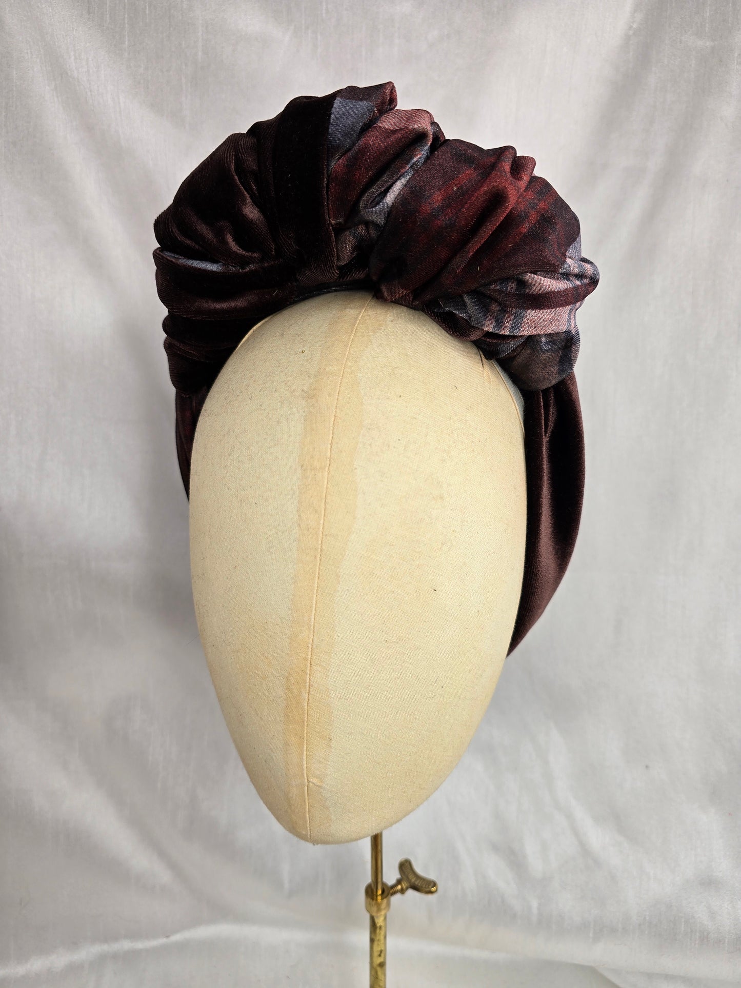 Brown check and brown stretch velvet turban with brown flowers