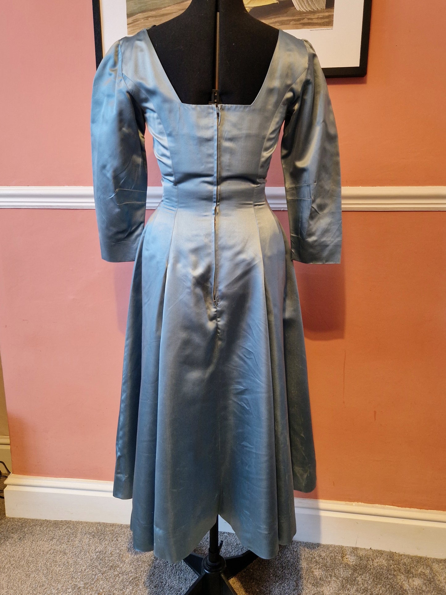 1950s duck egg blue satin beaded full skirt dress size 10